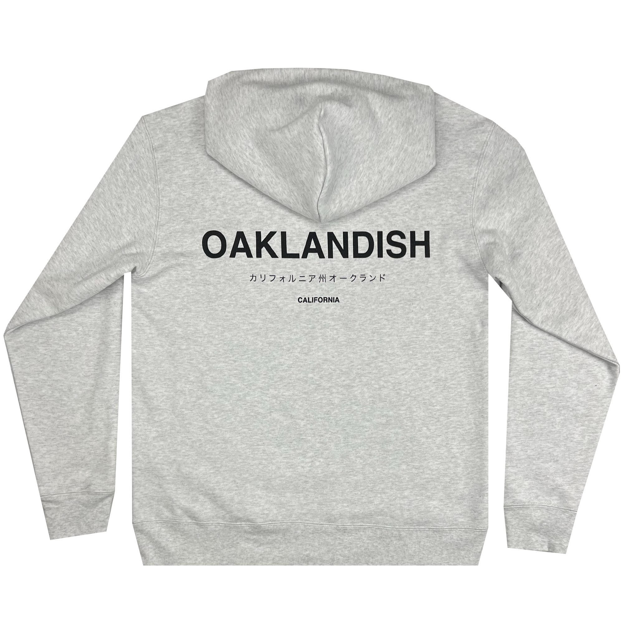 Back view of grey pullover hoodie with Oaklandish California in Japanese and English text.