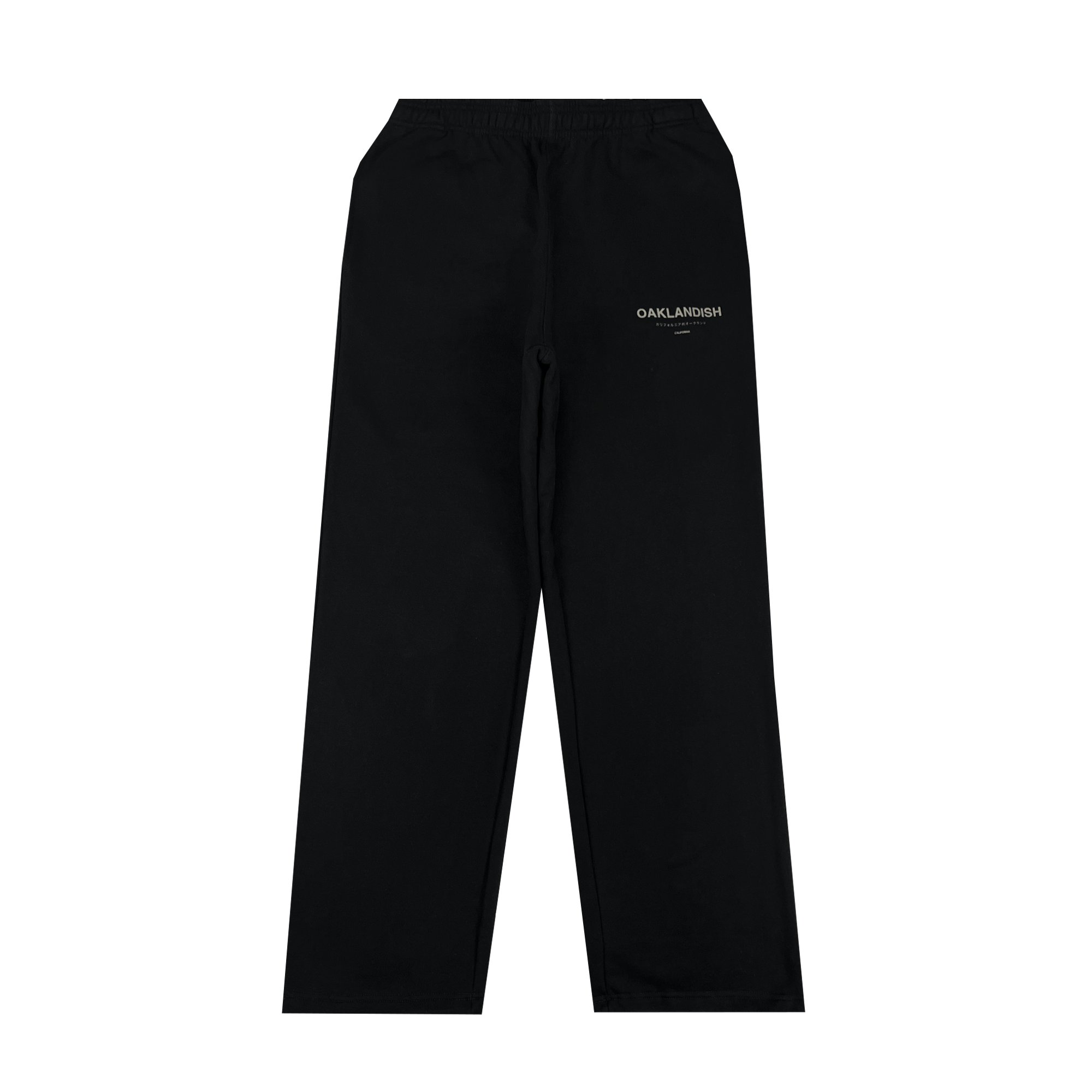 Modern Type Sweatpants with an elastic waistband and drawstring, crafted from organic cotton. The sweatpants feature the brand name "Oaklandish" printed in white on the left thigh. The design is minimalistic with no additional patterns or logos. These full-length, slightly tapered sweatpants come in unisex sizing.