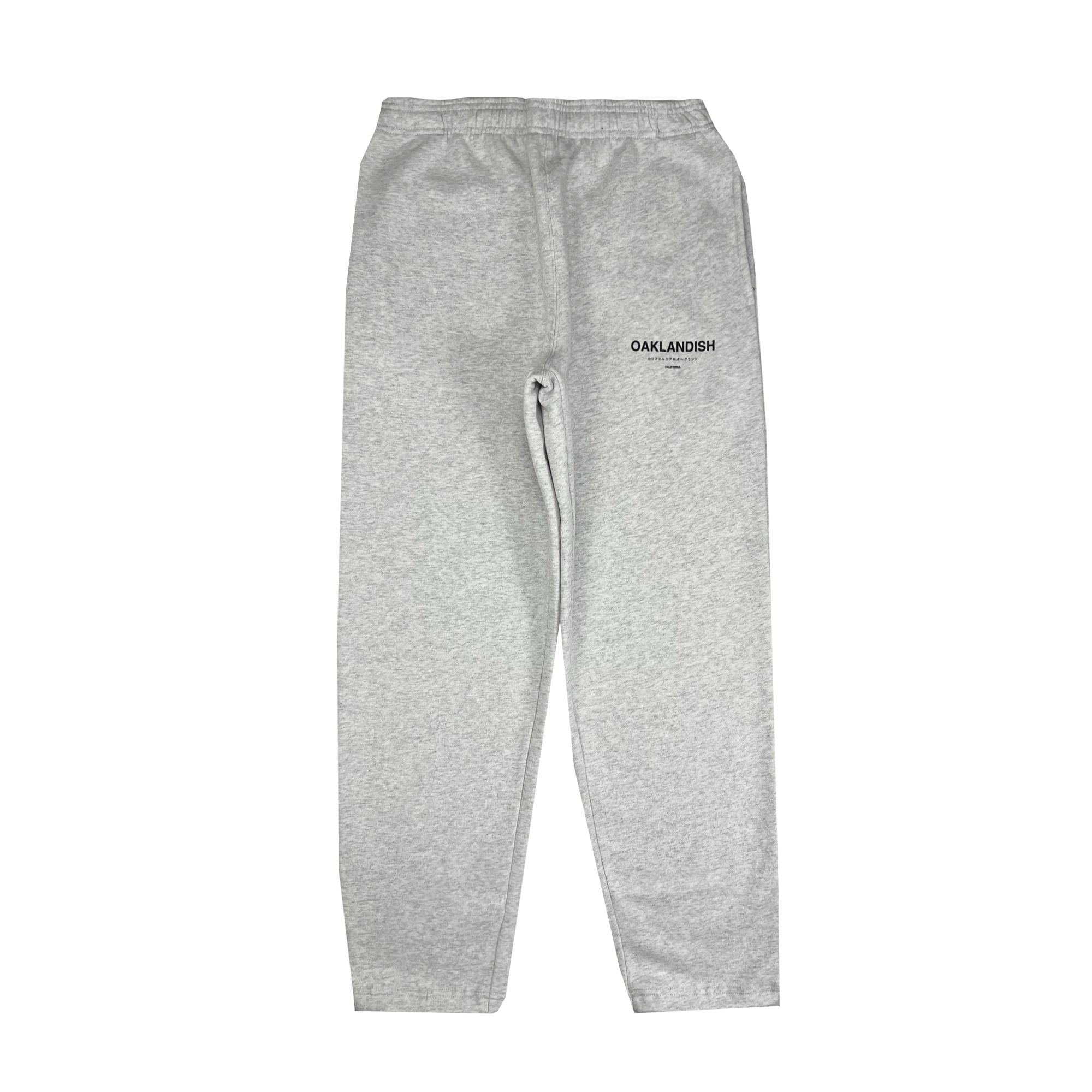 Front view of grey sweatpants with Oaklandish California wordmark in English and Japanese near left pocket.