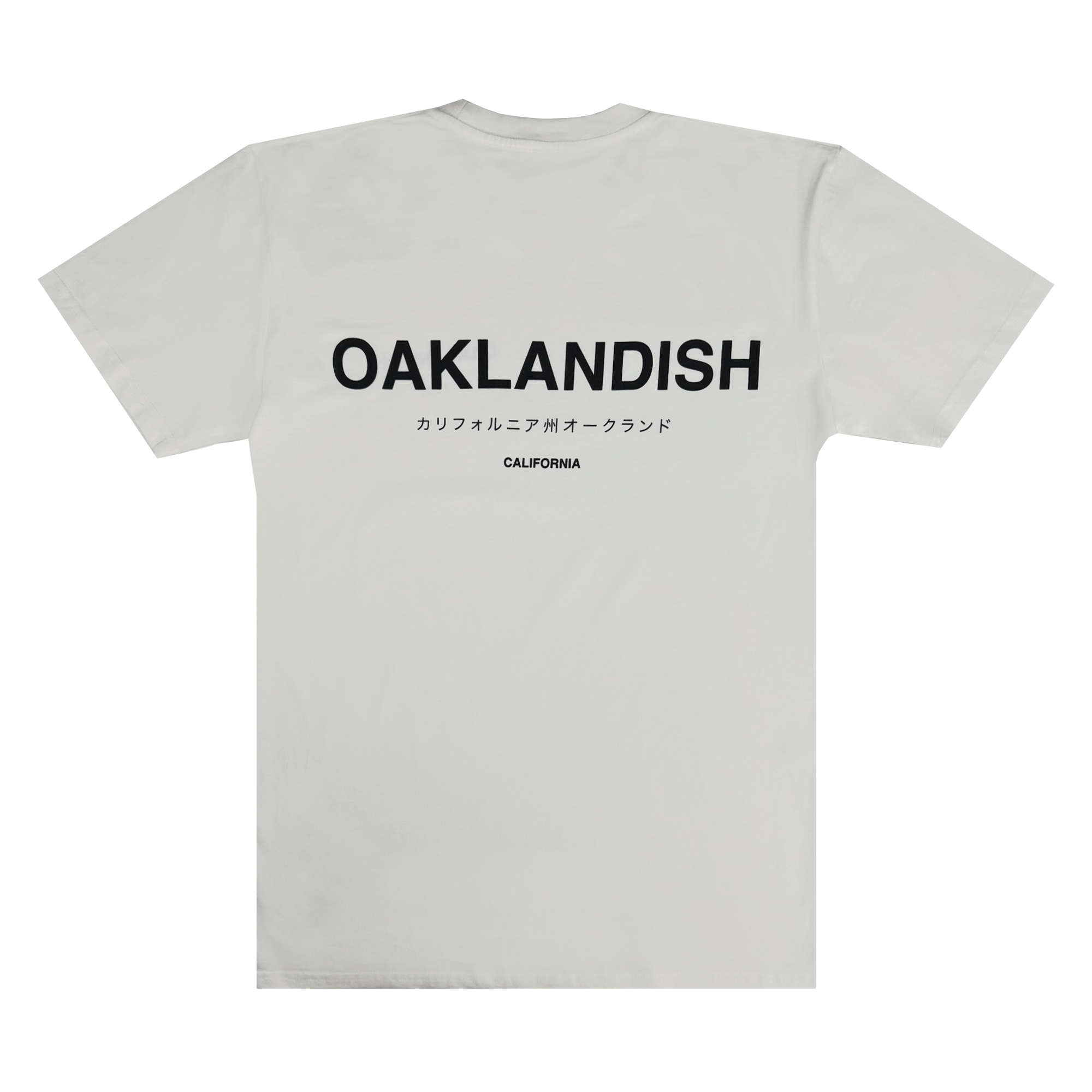 The Oaklandish Modern Type Tee is a men’s white classic fit shirt made from 100% cotton, featuring bold black "OAKLANDISH" lettering, Japanese characters, and small “CALIFORNIA” print—minimal and stylish.