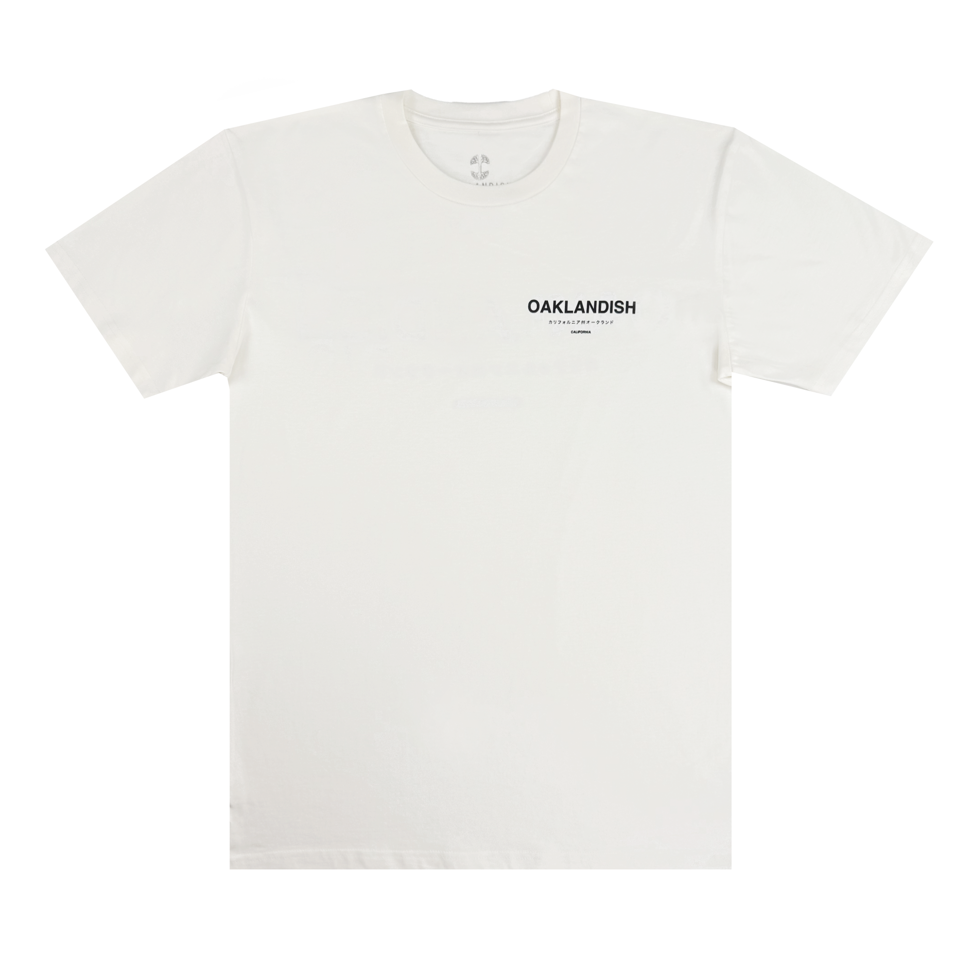 The Modern Type Tee by Oaklandish is a men's 100% cotton white t-shirt with a round neck. It features small black "OAKLANDISH" text and additional smaller writing on the left chest, with no other visible designs.