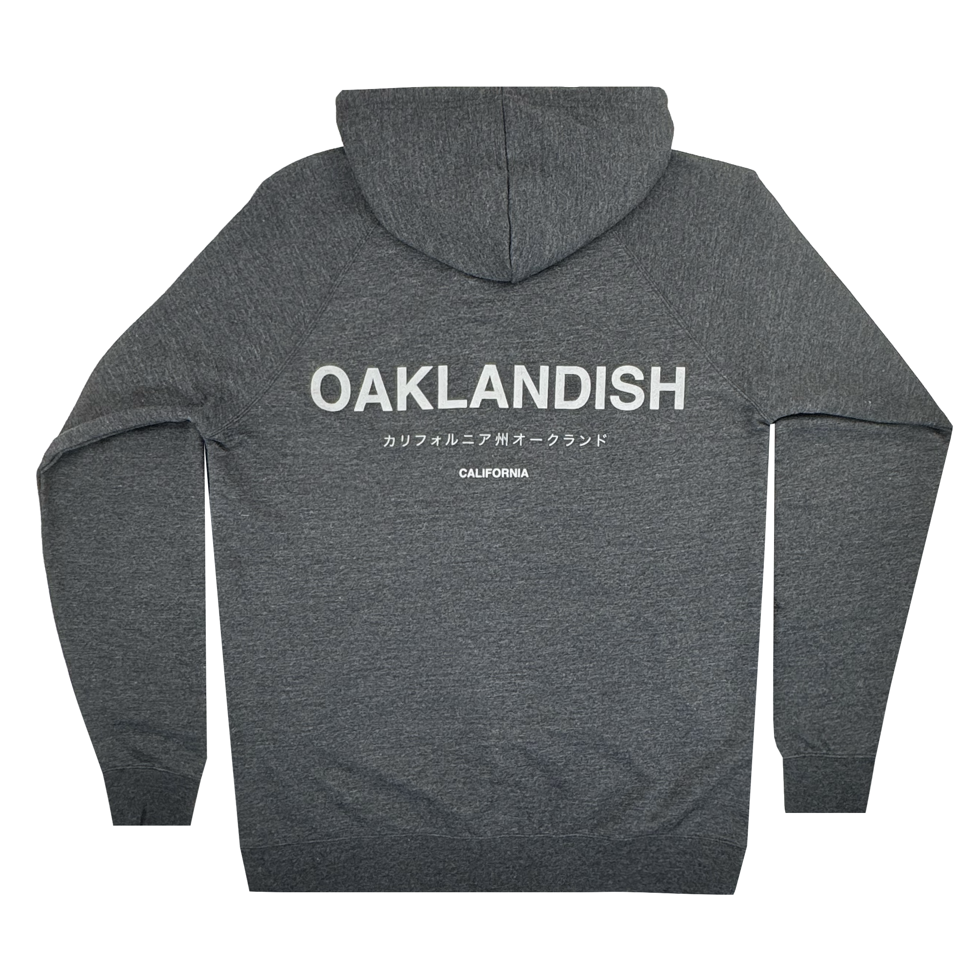 The Modern Type Zip Hoodie by Oaklandish features "OAKLANDISH" in bold white on the back, complemented by Japanese characters and "CALIFORNIA" at the bottom. This dark gray unisex zip-up hoodie is laid flat to reveal its stylish details.