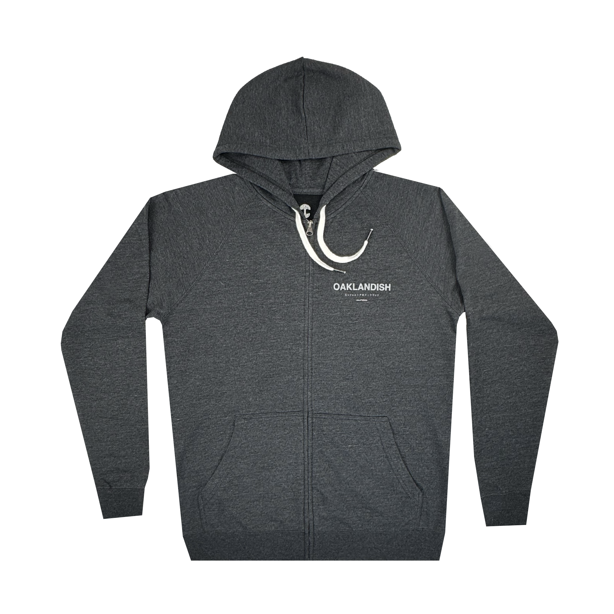 The Modern Type Zip Hoodie by Oaklandish is a dark gray unisex zip-up with a hood and white drawstrings. "OAKLANDISH" is printed in white on the left chest, laid flat against a contrasting background to display its full front view.