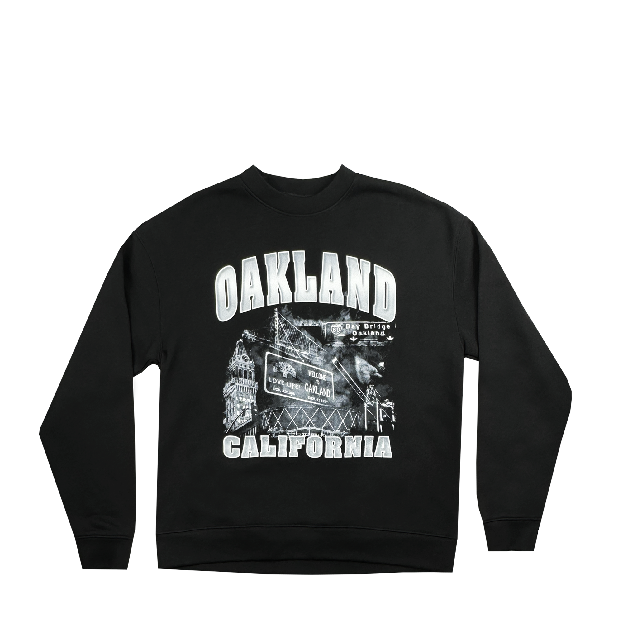 The Montage Crew from Oaklandish is a men's fit crew neck sweatshirt sporting a vintage-style design. It features "OAKLAND" printed in bold white letters across the chest, with "CALIFORNIA" below, set against a black-and-silver background that highlights iconic Oakland landmarks and signage for a timeless, stylish look.