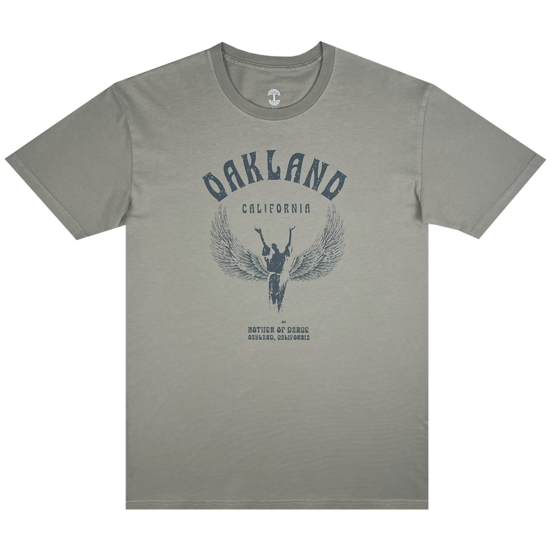 Front view of a dust-colored t-shirt with Oakland California graphic celebrating Isadora Duncan, pioneer of modern dance.