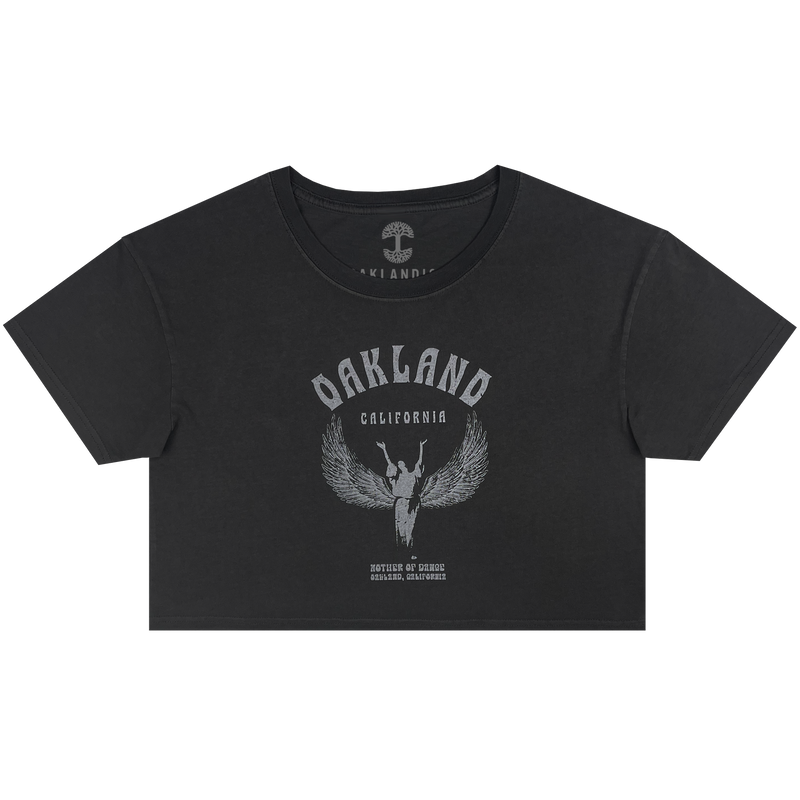 Front view of a faded black cropped women’s t-shirt with Oakland California graphic celebrating Isadora Duncan, pioneer of modern dance.