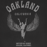 Detailed close up of Oakland California graphic celebrating Isadora Duncan, pioneer of modern dance on a faded black t-shirt.
