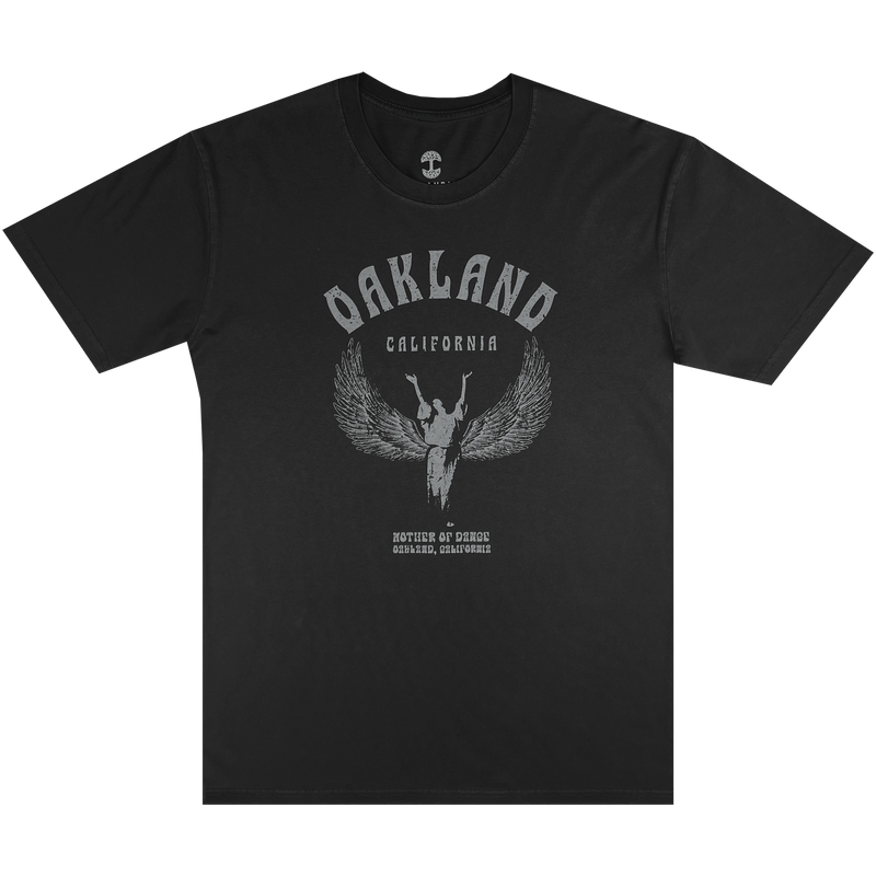 Front view of a faded black t-shirt with Oakland California graphic celebrating Isadora Duncan, pioneer of modern dance.