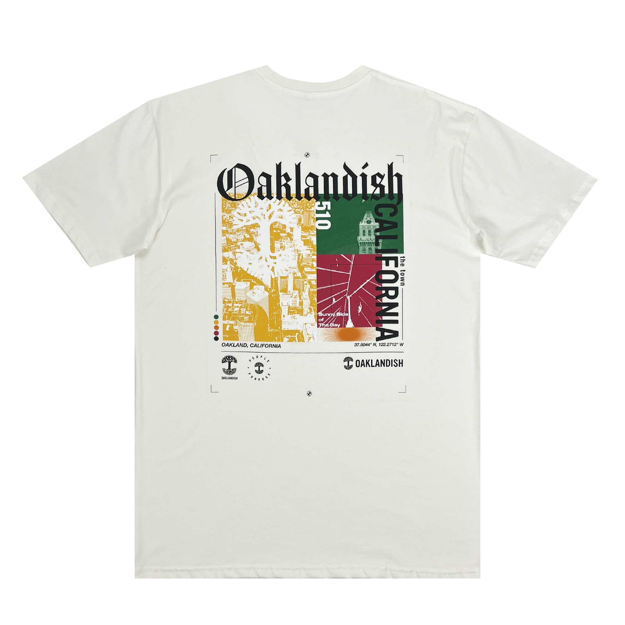 Backside view of a natural cotton-colored t-shirt with an abstract yellow, green, and red motif graphic with Oaklandish California wordmarks and logos.