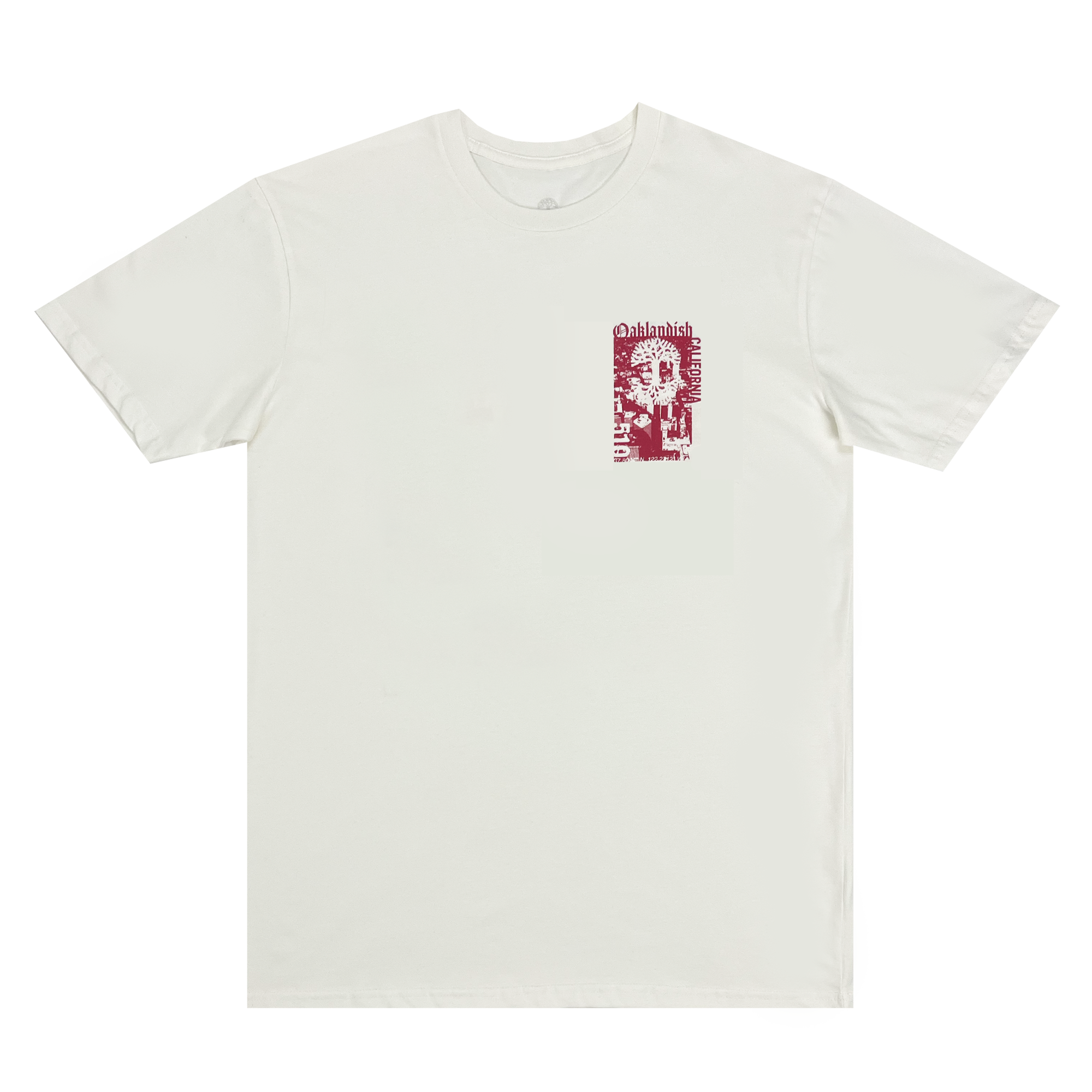 Front view of a natural cotton-colored t-shirt with an abstract red Oaklandish California 510 graphic on left chest wearside.