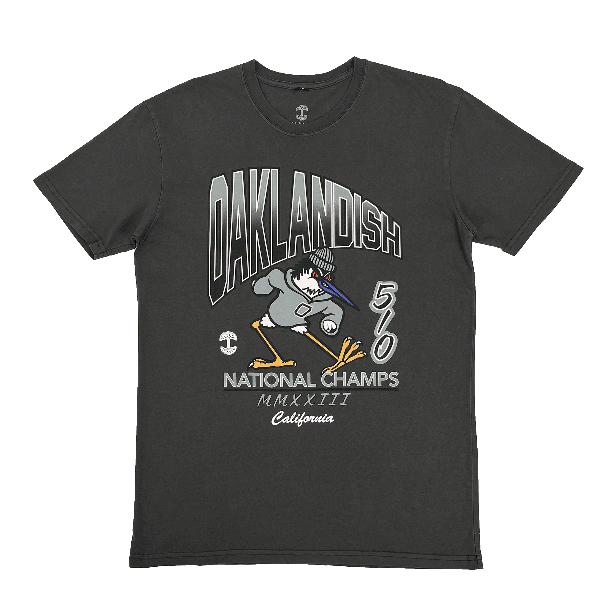 Faded black t-shirt with large OAKLANDISH, 510 NATIONAL CHAMPS wordmarks & natty bird. 