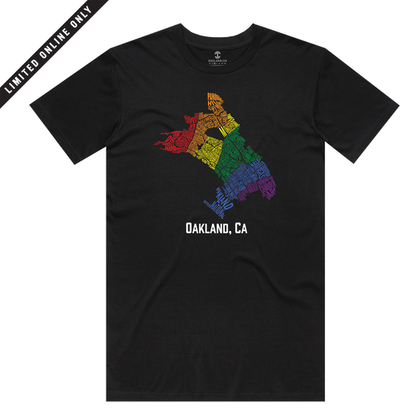 Black t-shirt with a rainbow graphic of Oakland neighborhood map & Oakland CA wordmark & Limited Online Only sash.