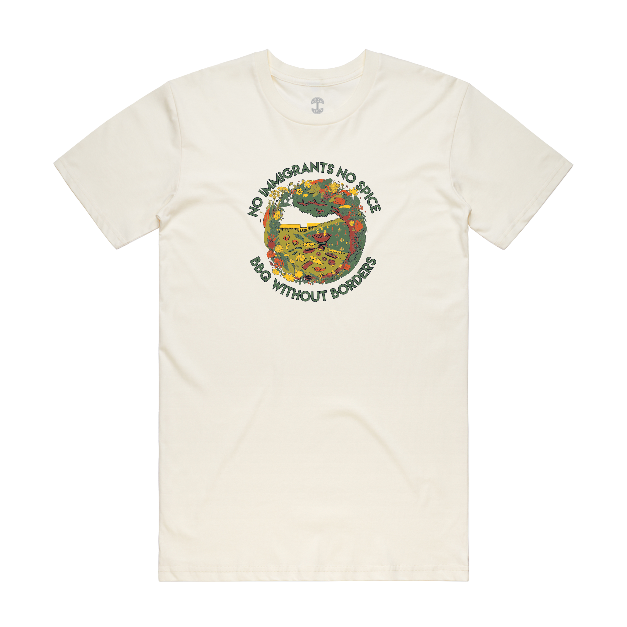 The Oaklandish NINS Spice Bloom Tee is a cream t-shirt with a vivid nature scene and green “No Immigrants No Spice, Band Without Borders” text—ideal for BBQ Without Borders and immigrant chef supporters.