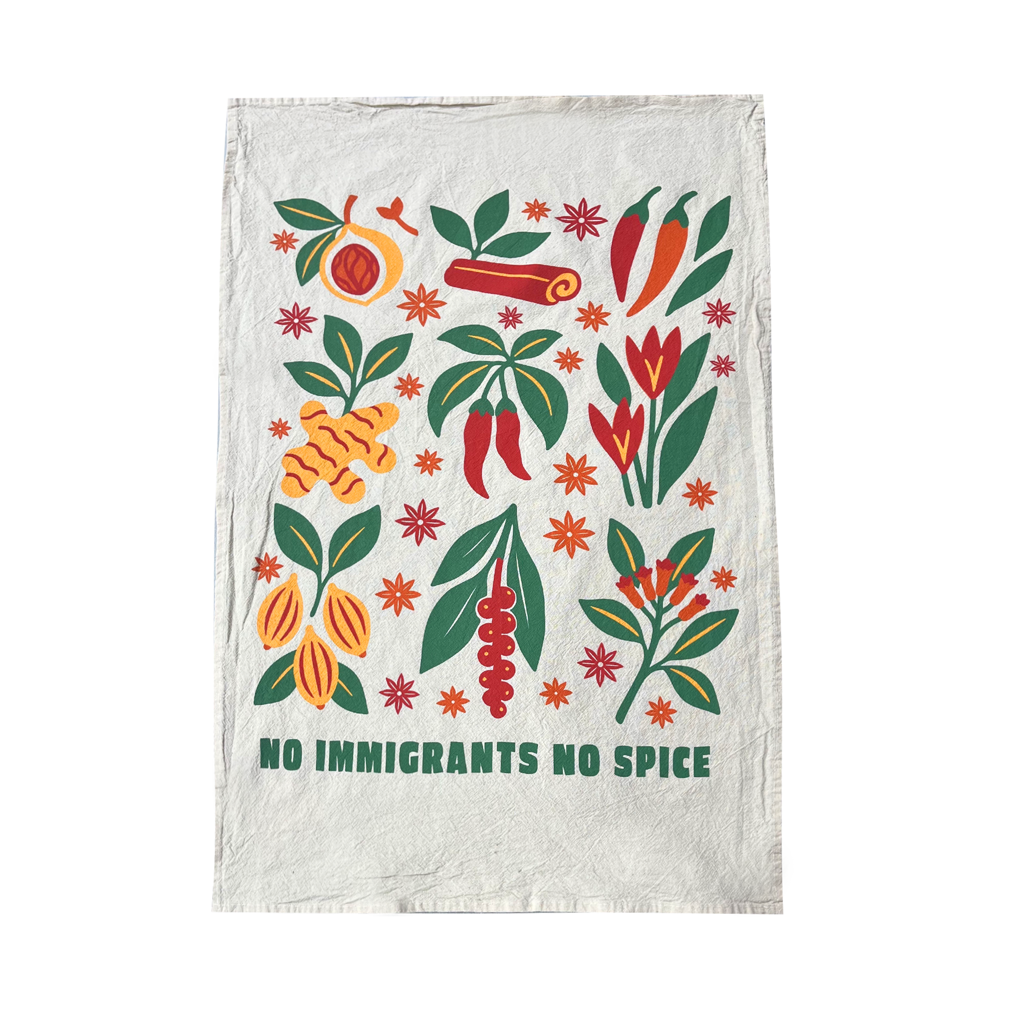 The NINS Tea Towel by Oaklandish is a vibrant white cloth with bold illustrations of spices—chili, cinnamon, ginger, and turmeric—celebrating immigrant rights. “NO IMMIGRANTS NO SPICE” appears in green at the bottom in graphic style.