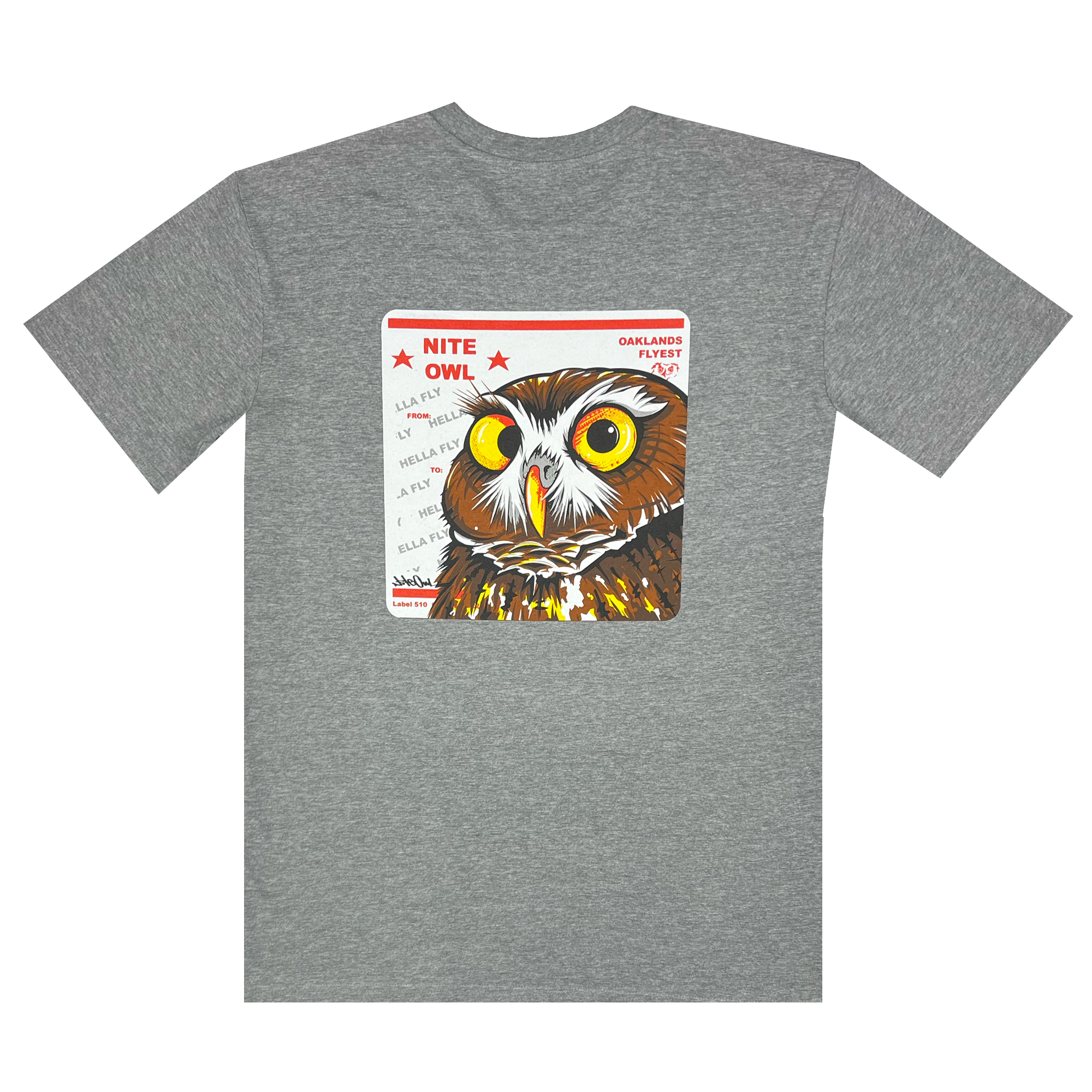 Backside view of a grey t-shirt featuring a graphic with a Burrowing Owl designed by Oakland Artist Nite Owl on a USPS sticker.