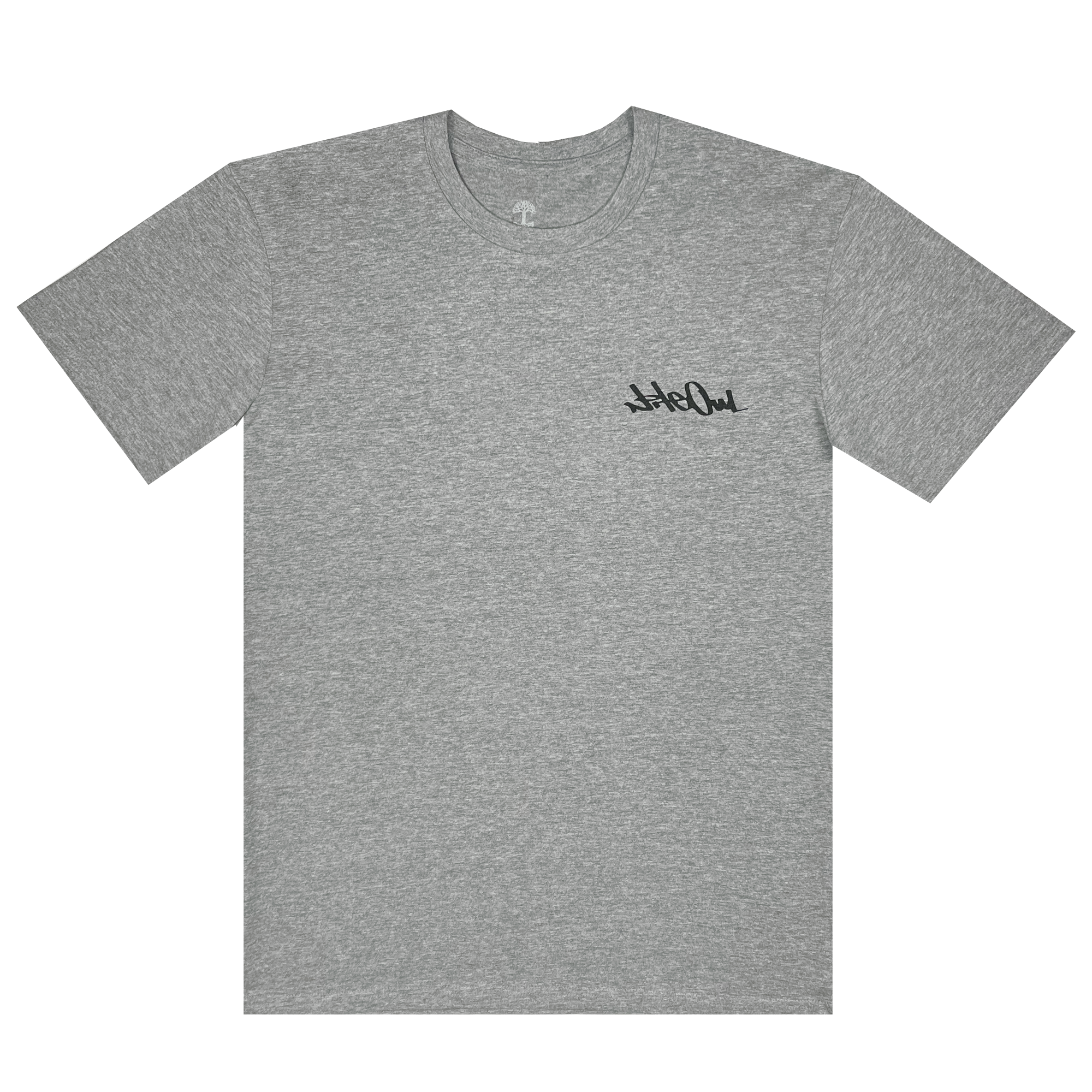 Frontside of a grey t-shirt with Oakland Artist Nite Owl logo/signature on left chest in white ink.