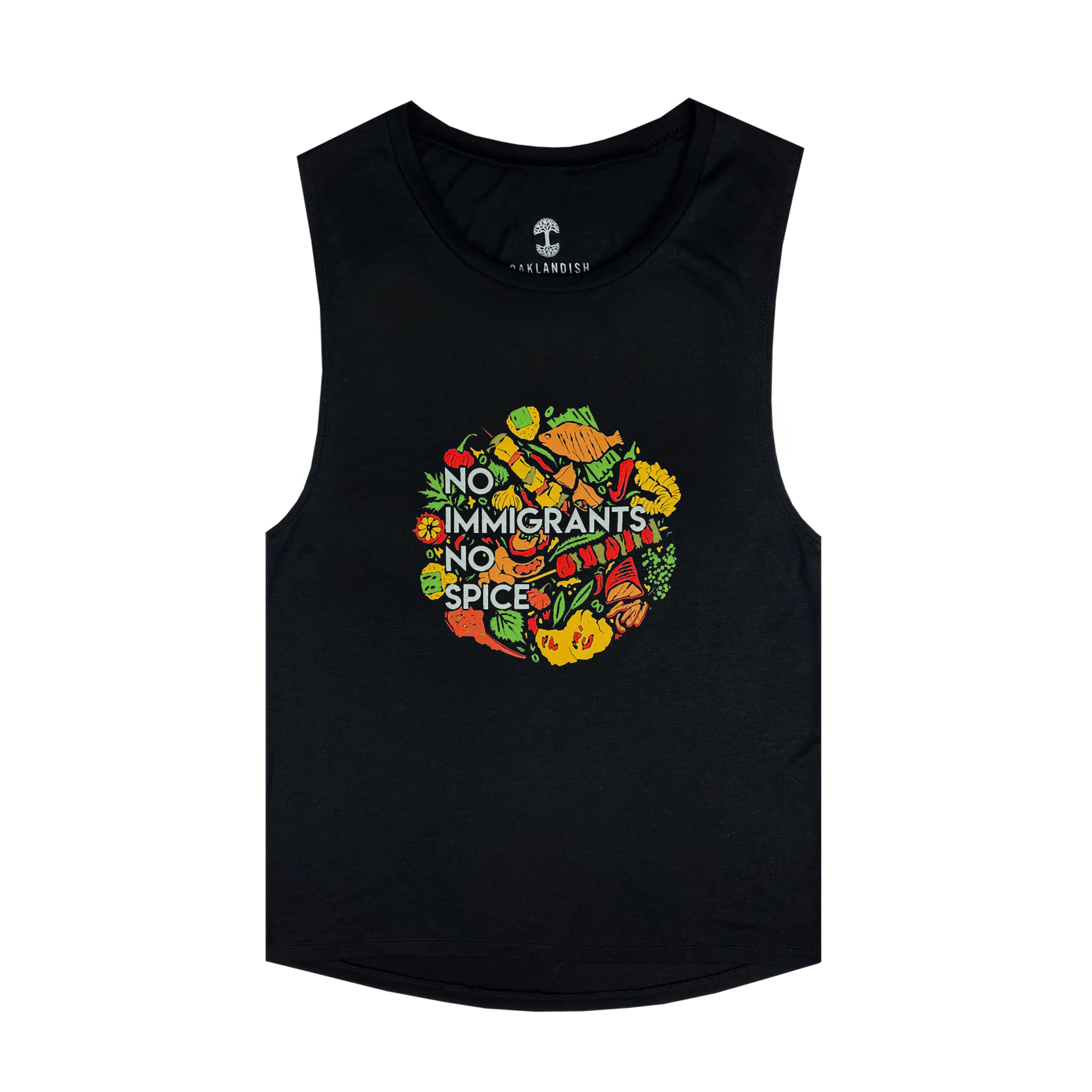 Women's black tank top with white NO IMMIGRANTS NO SPICE wordmark on full-color global BBQ graphic on the front chest.