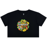 Women's black cropped t-shirt with white NO IMMIGRANTS NO SPICE wordmark on full-color BBQ without borders graphic on the front chest.