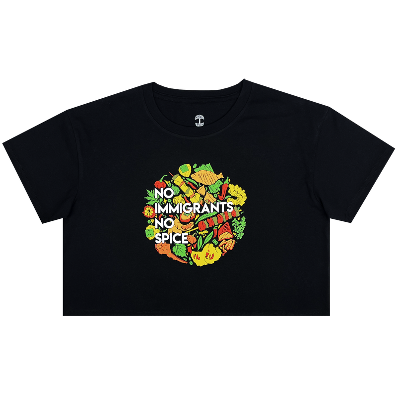 Women's black cropped t-shirt with white NO IMMIGRANTS NO SPICE wordmark on full-color BBQ without borders graphic on the front chest.