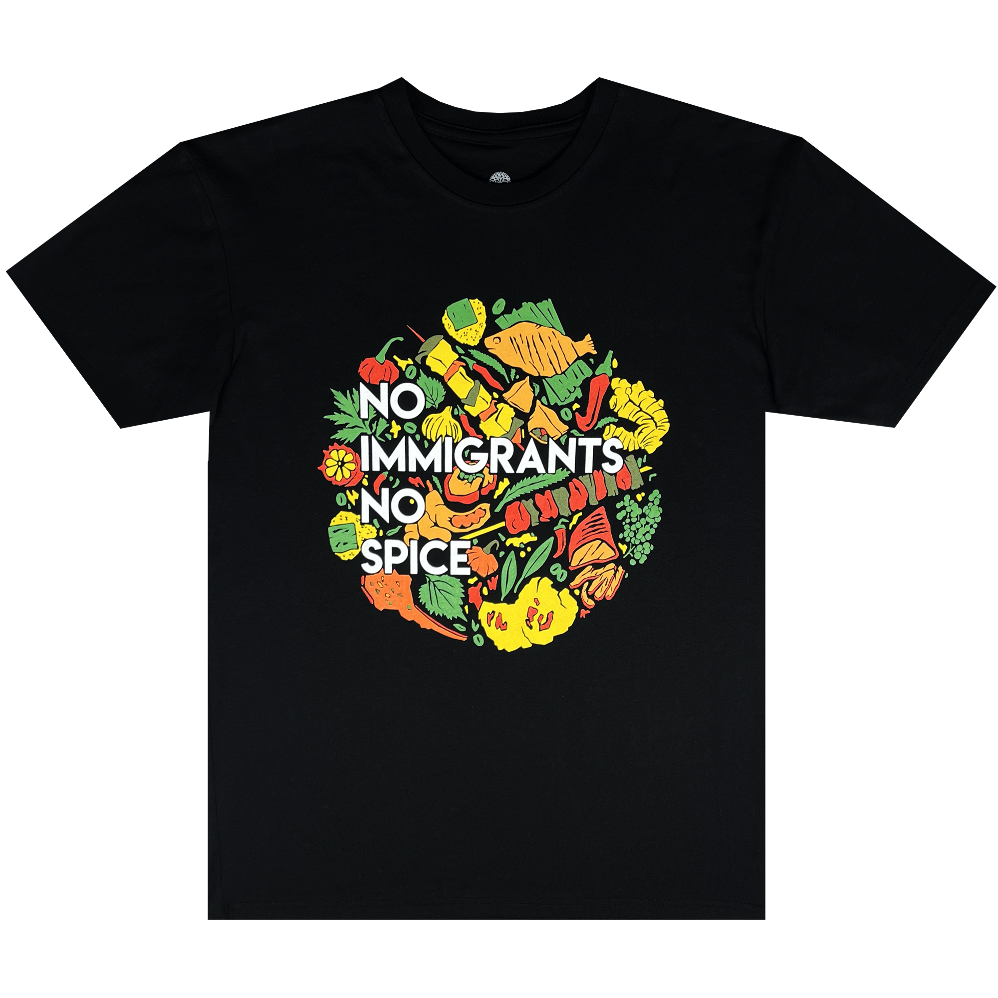 Women's black t-shirt with white NO IMMIGRANTS NO SPICE wordmark on full-color BBQ without borders graphic on the front chest.