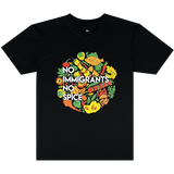 Women's black t-shirt with white NO IMMIGRANTS NO SPICE wordmark on full-color BBQ without borders graphic on the front chest.