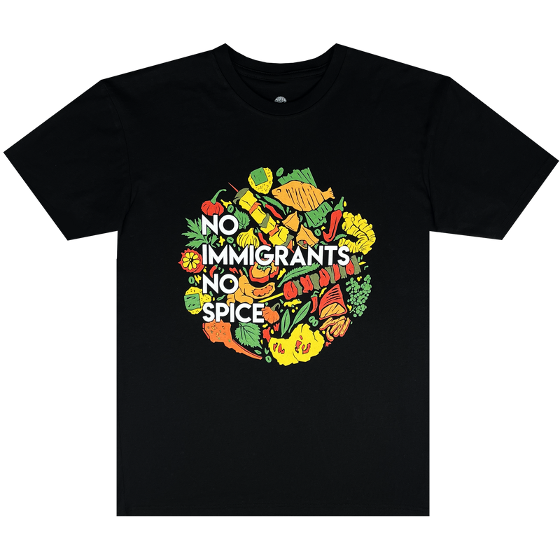 Women's black t-shirt with white NO IMMIGRANTS NO SPICE wordmark on full-color BBQ without borders graphic on the front chest.