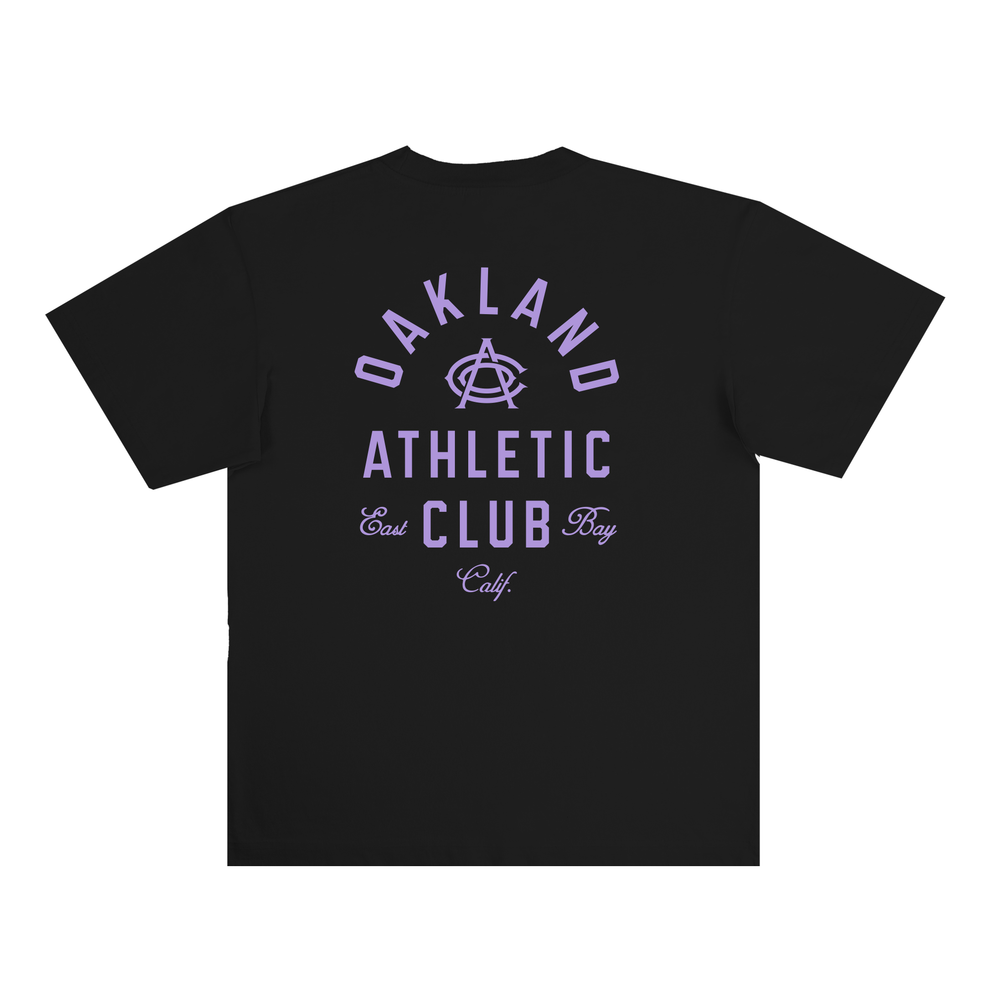 Introducing the OAC Tee by OAC: a black, heavy-weight cotton T-shirt featuring “OAKLAND ATHLETIC CLUB East Bay Calif.” in lavender text across the back and a circular logo with a stylized “A” and arrows at the center. This classic-fit tee celebrates the storied legacy of the Oakland Athletic Club.