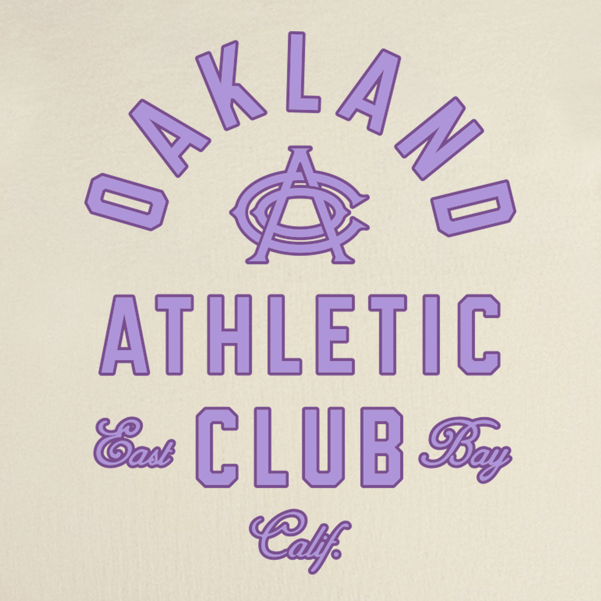 The OAC Tee by OAC features lilac text reading “OAKLAND ATHLETIC CLUB” in all caps, with a bold “A” inside a circle. Beneath, “East Bay Calif.” appears in script. Set against an off-white backdrop, this classic fit t-shirt is made from heavyweight cotton and channels vintage sports lettering style.
