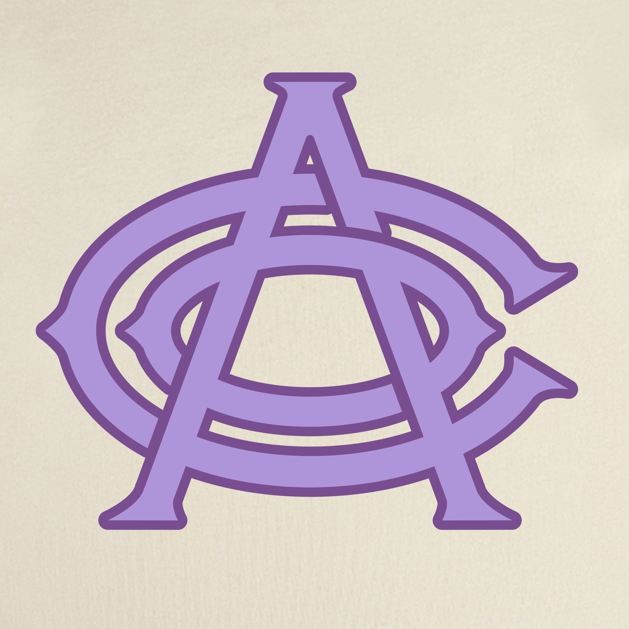 The OAC Tee by OAC showcases a bold, purple monogram with overlapping capital letters “A” and “C” on a light beige background. The upright “A” is embraced by two interlocking “C” shapes on either side, creating a design inspired by vintage Oakland Athletic Club style—ideal for this classic fit t-shirt made from heavy-weight cotton.