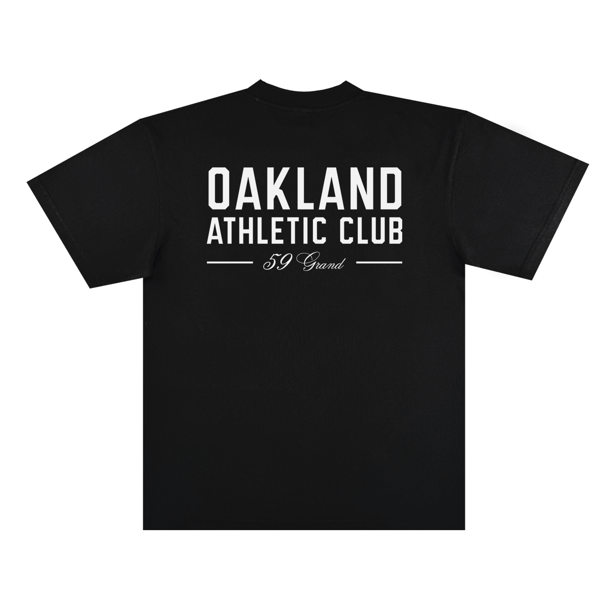 The Prestigious Tee by OAC is a black classic fit t-shirt made from heavyweight cotton, shown from the back against a plain white background. Centered on the shirt is bold white text that reads “OAKLAND ATHLETIC CLUB,” with smaller cursive lettering below that says “59 Grand.”.