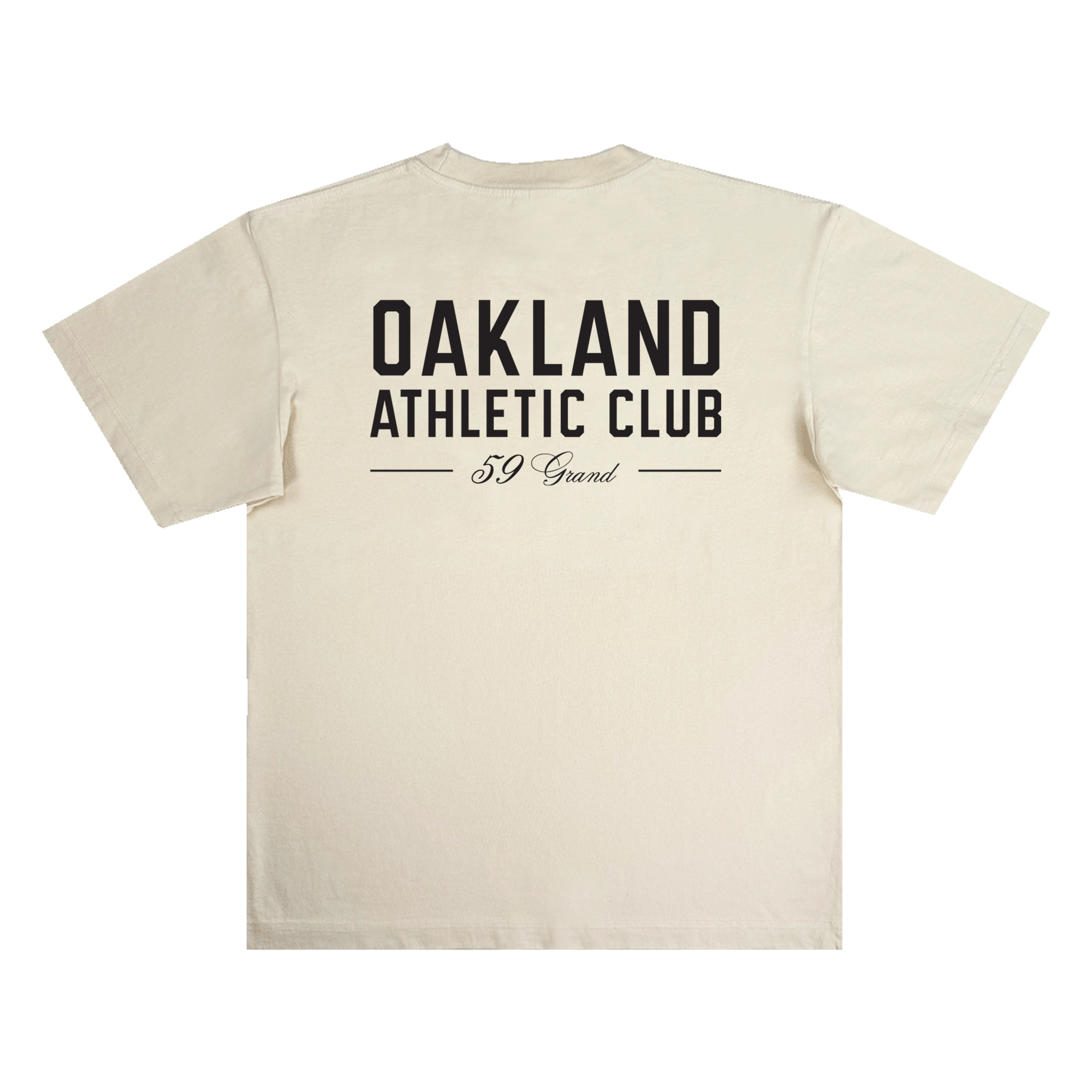 Beige Prestigious Tee by OAC shown flat, crafted from heavy-weight cotton, featuring large black “OAKLAND ATHLETIC CLUB” text in bold on the back, with “59 Grand” in cursive beneath and two horizontal lines framing the lower text.