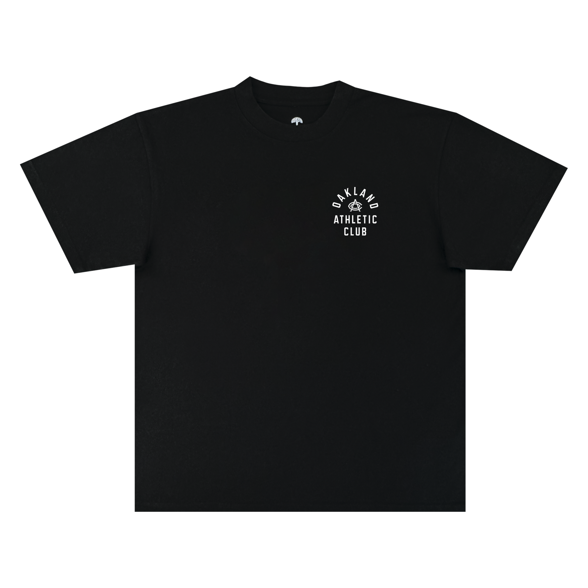 The OAC Prestigious Tee is a black, short-sleeve classic fit t-shirt featuring “OAKLAND ATHLETIC CLUB” printed in a curved and stacked white font on the left chest, with a small graphic above the text. Made from heavy-weight cotton, it is photographed against a plain white background.