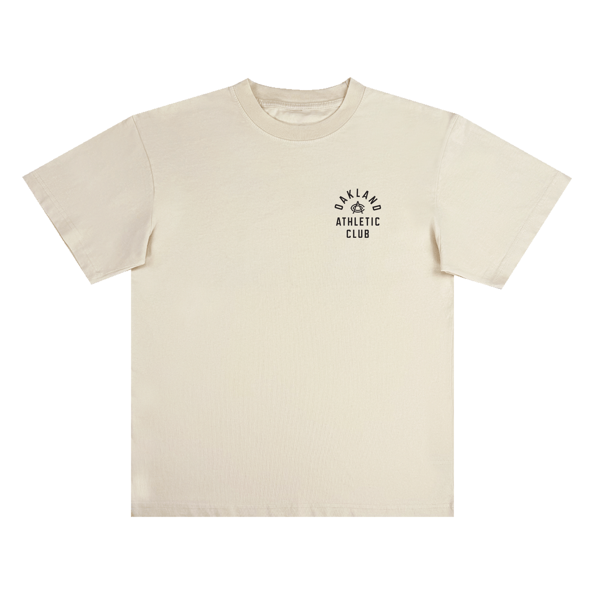 The Prestigious Tee by OAC is a classic fit, heavy-weight cotton t-shirt in plain off-white. It features “OAKLAND ATHLETIC CLUB” printed in black alongside a small laurel wreath graphic on the left chest. The shirt is displayed flat against a white background.