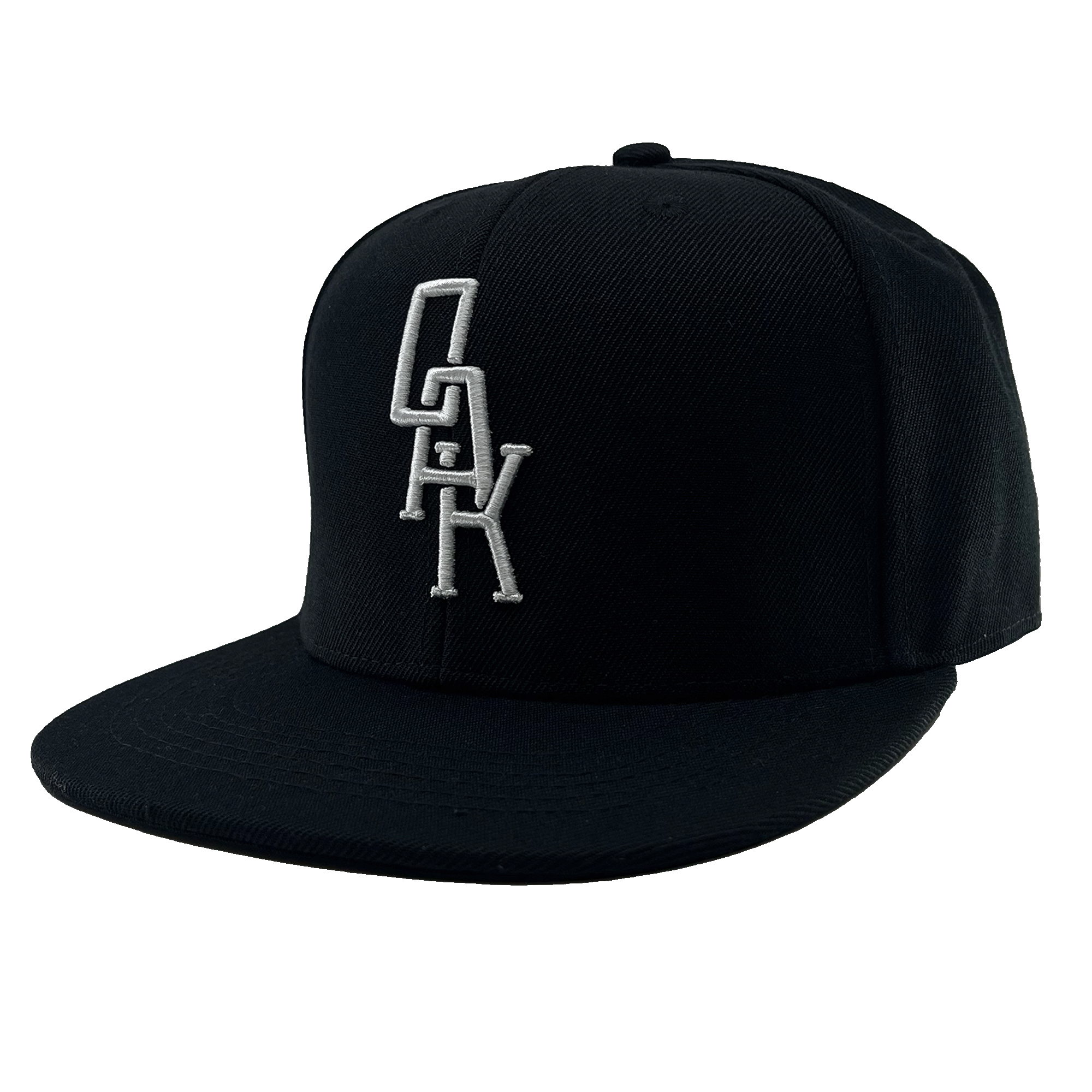 Angled side view of a black hat with a black bill and white embroidered OAK logo on the front crown.