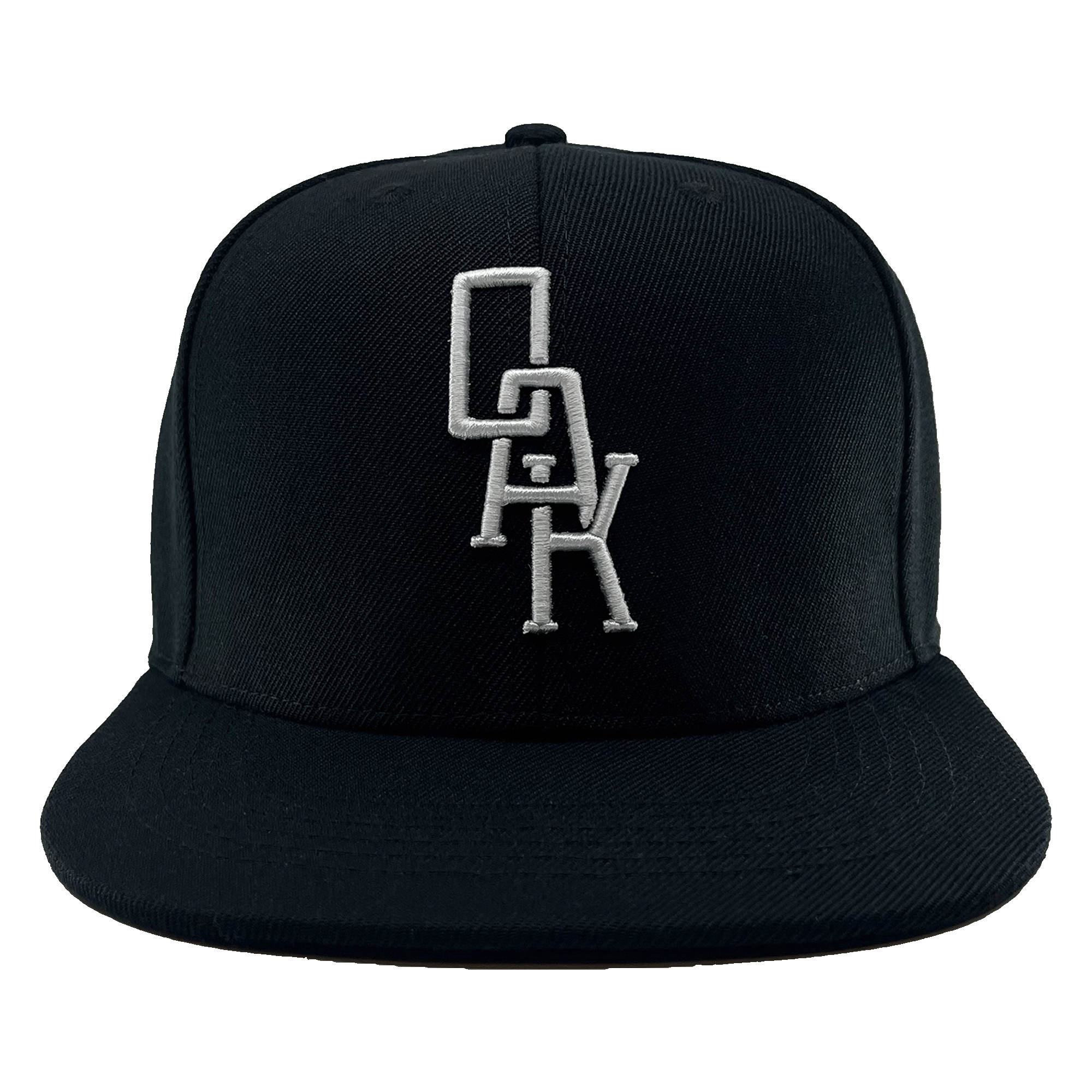 Front view of a black hat with a black bill and white embroidered OAK logo on the front crown.