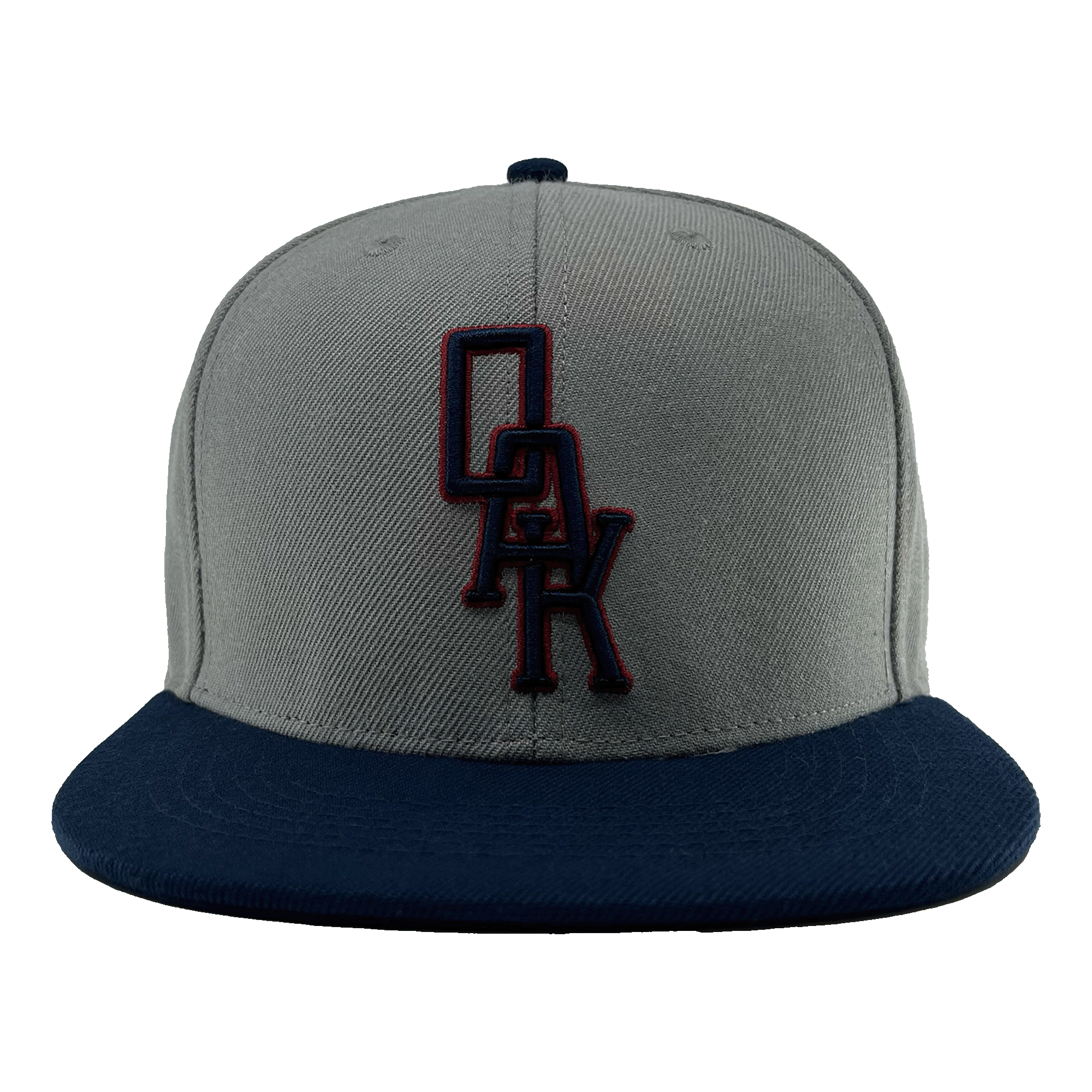 Front view of a grey hat with navy bill and navy and red embroidered OAK logo on the front crown.