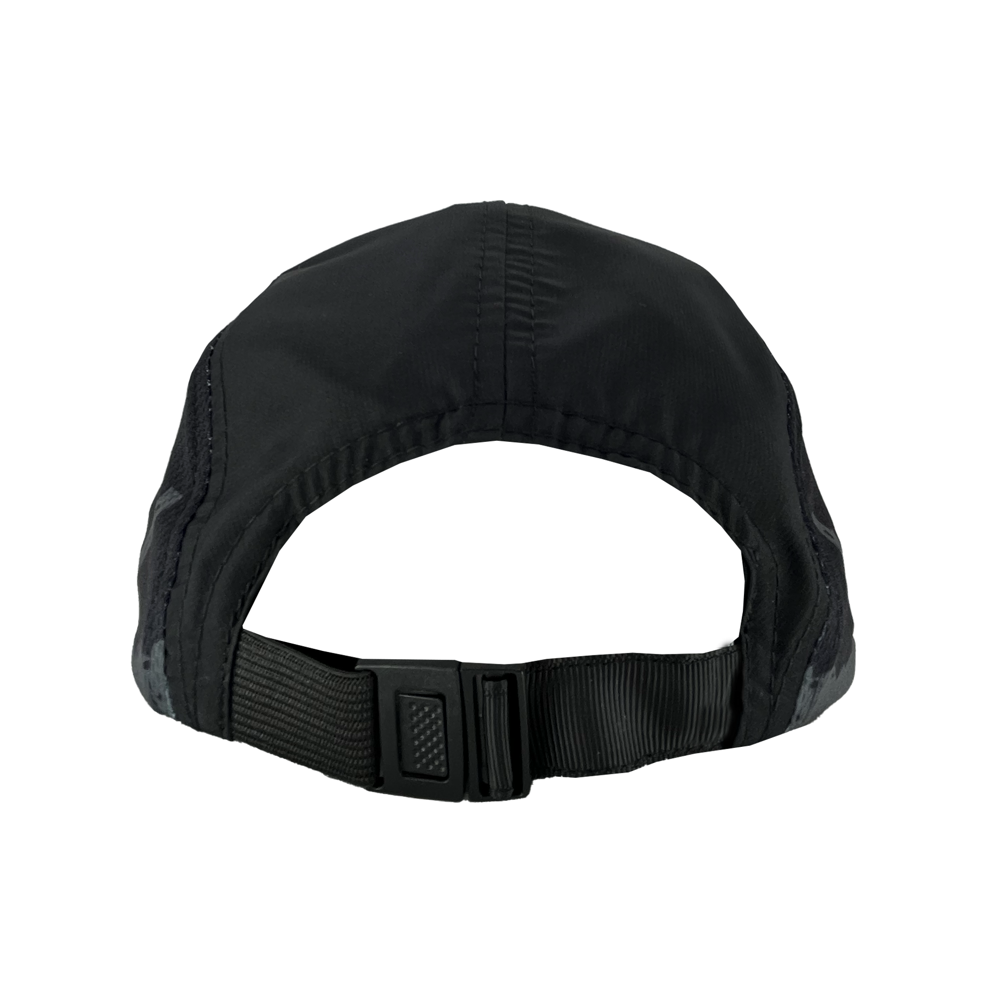 Back view of black mesh running cap with adjustable black strap.