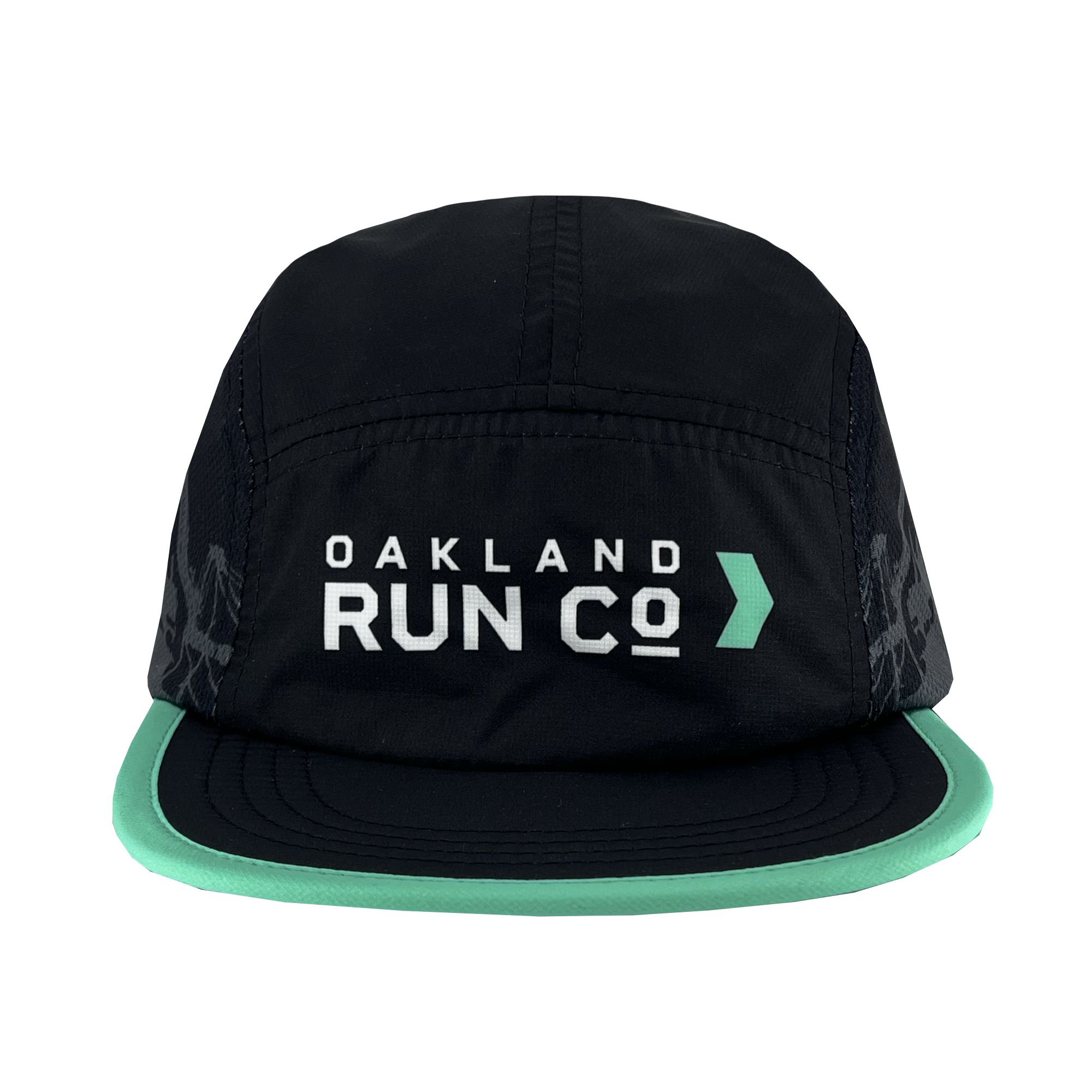 Black mesh running cap with Oakland Run Co wordmark logo and green trim on bill.