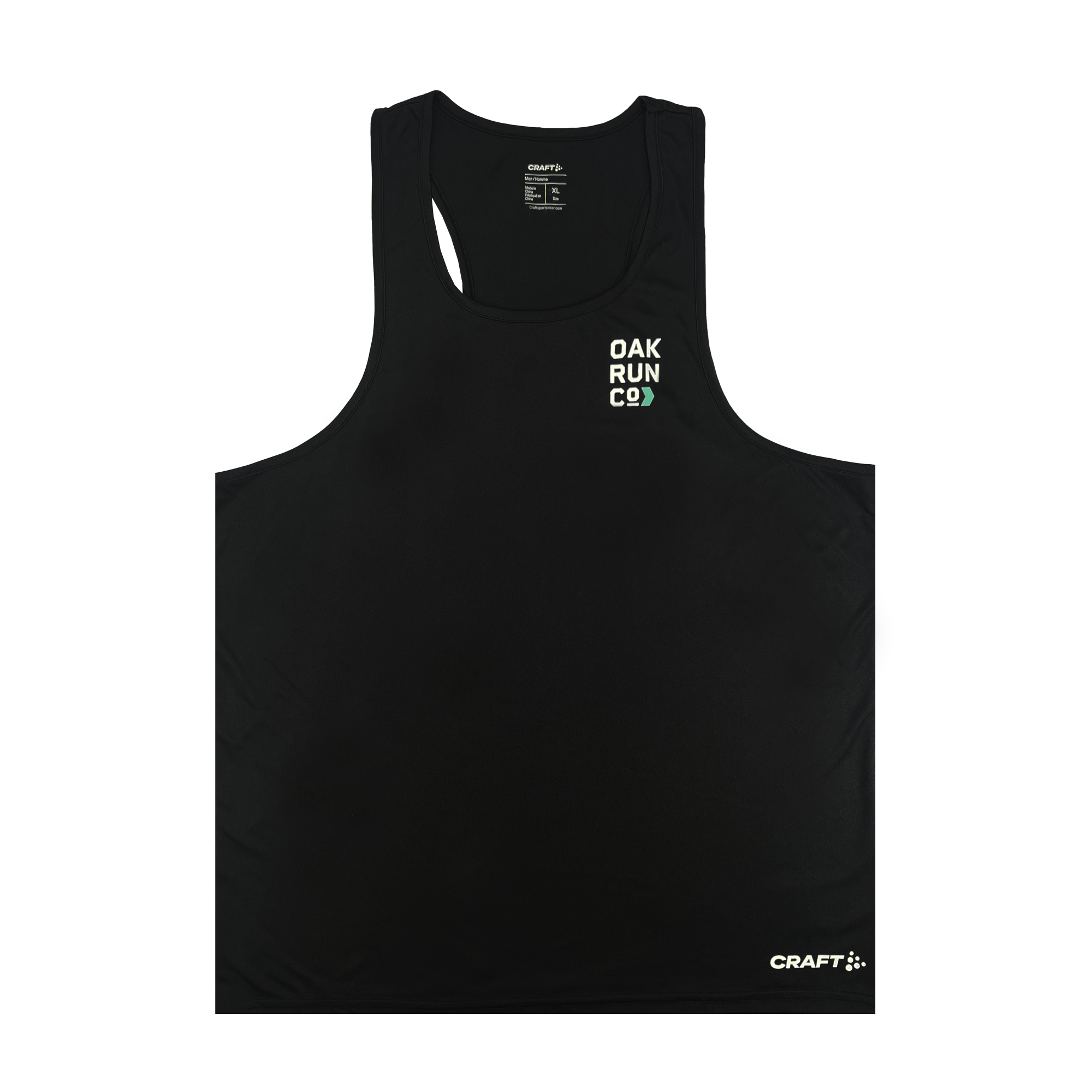 Black running tank top with OAK RUN CO. wordmark on the right chest wearside.