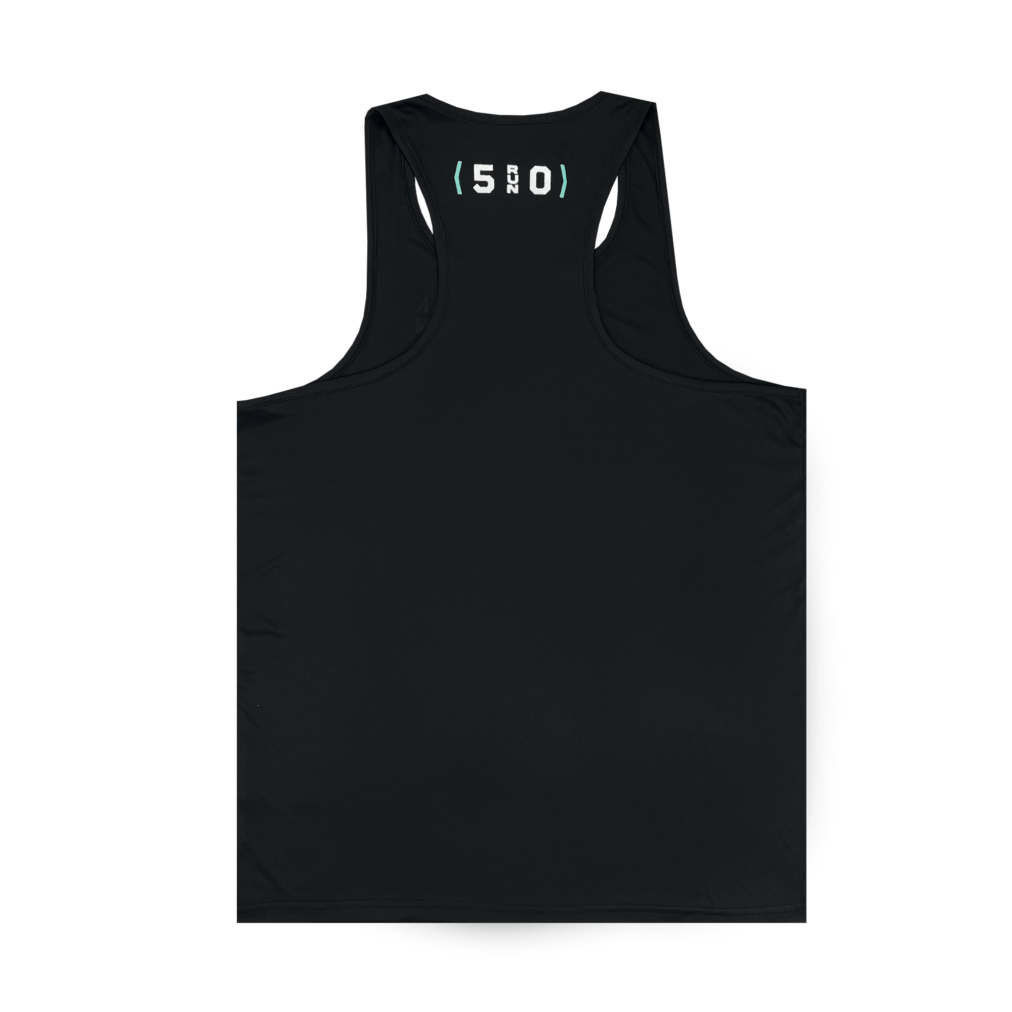 Backside of black running tank top with 510 RUN logo on inside of the neck.