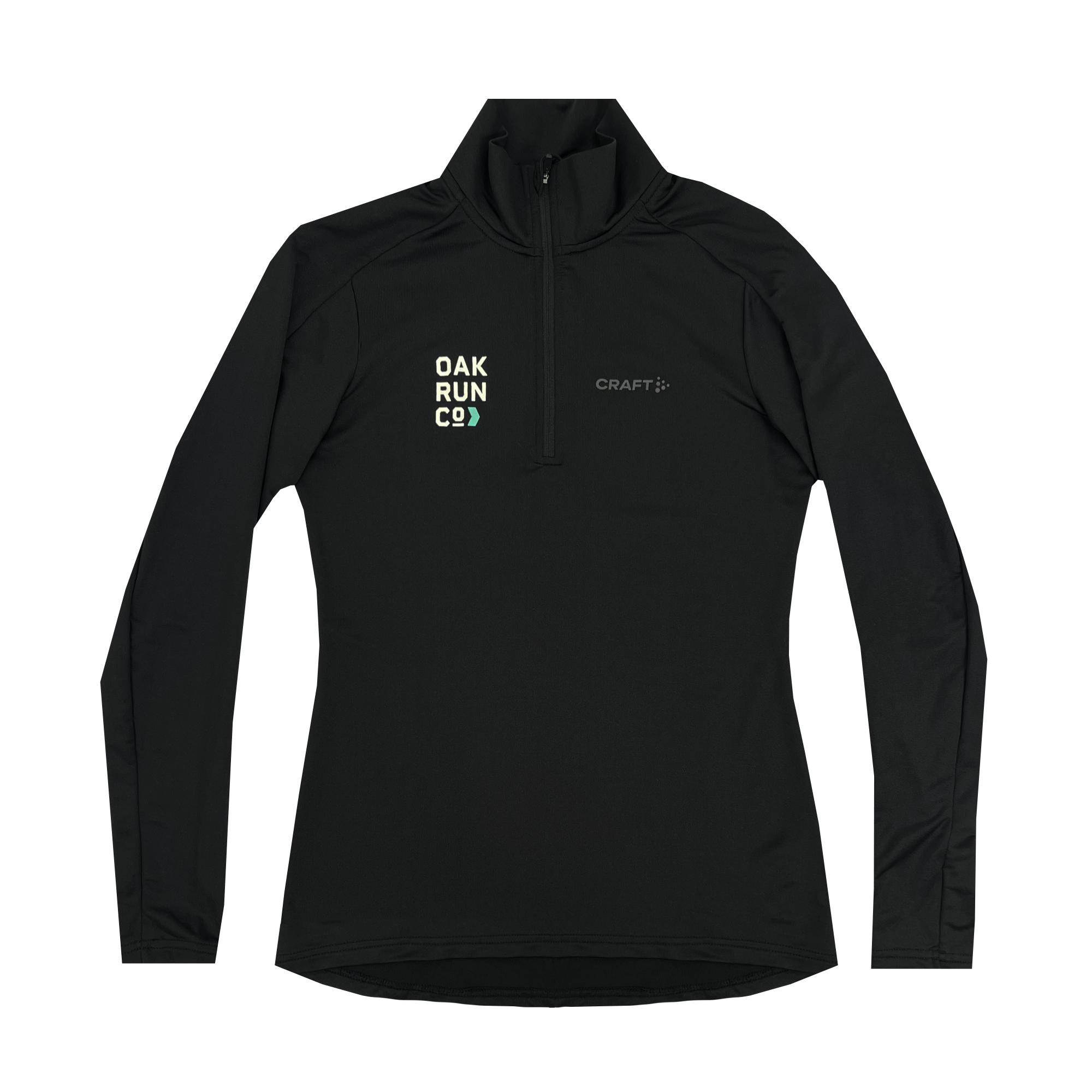 Front view of black pullover 3/4 zip long-sleeve running shirt  with OAK RUN  CO wordmark on left chest wear side. 