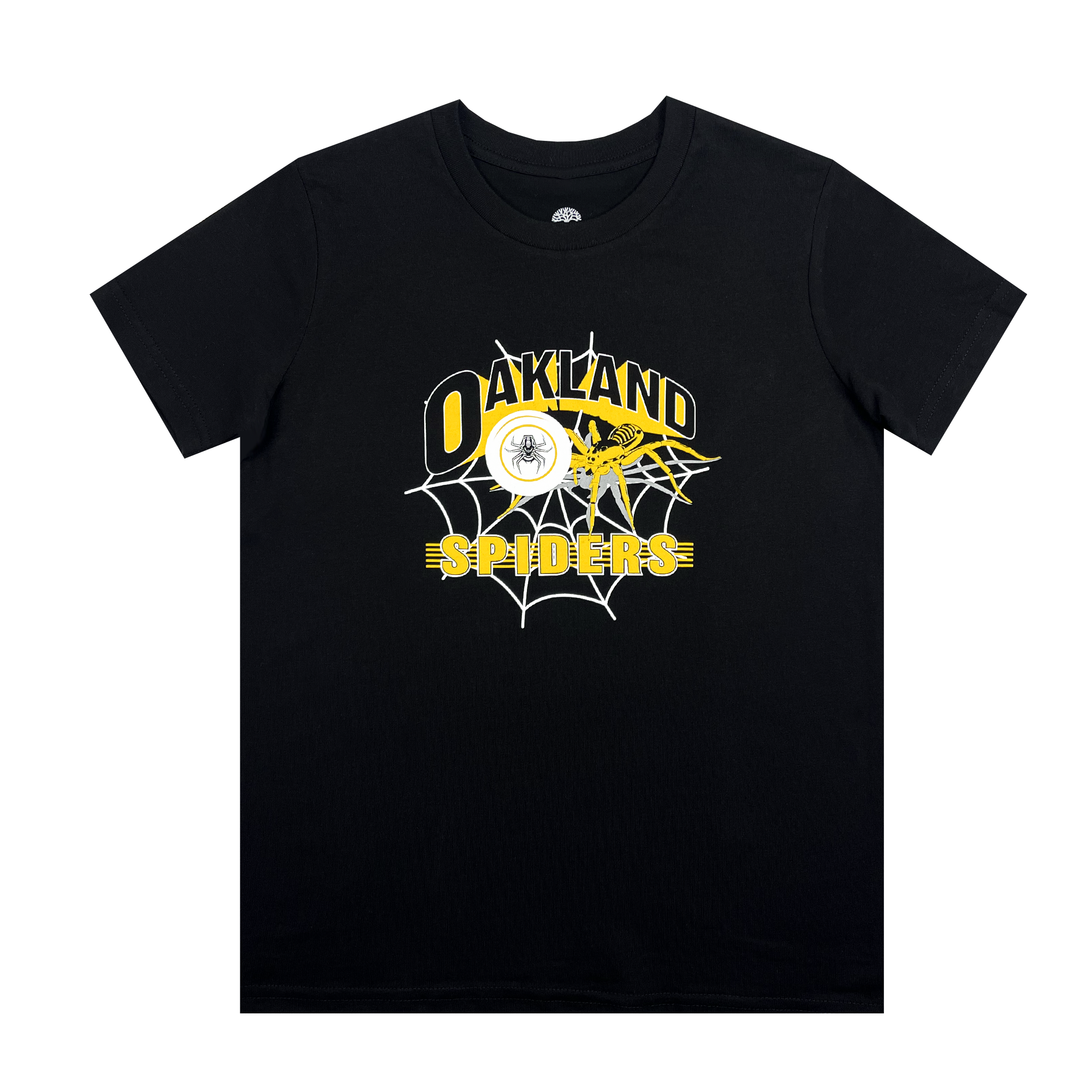 The Oakland Spiders Youth Tee from Supported Brands showcases a sleek black T-shirt with a graphic design that includes the text "Oakland Spiders" in vibrant yellow. Above the text, there is a web with a spider at its center, and another spider climbing on the "O" of "Oakland." The design masterfully combines white and yellow web elements with a black spider icon, making it an ideal choice for Ultimate Frisbee fans engaged in youth development.