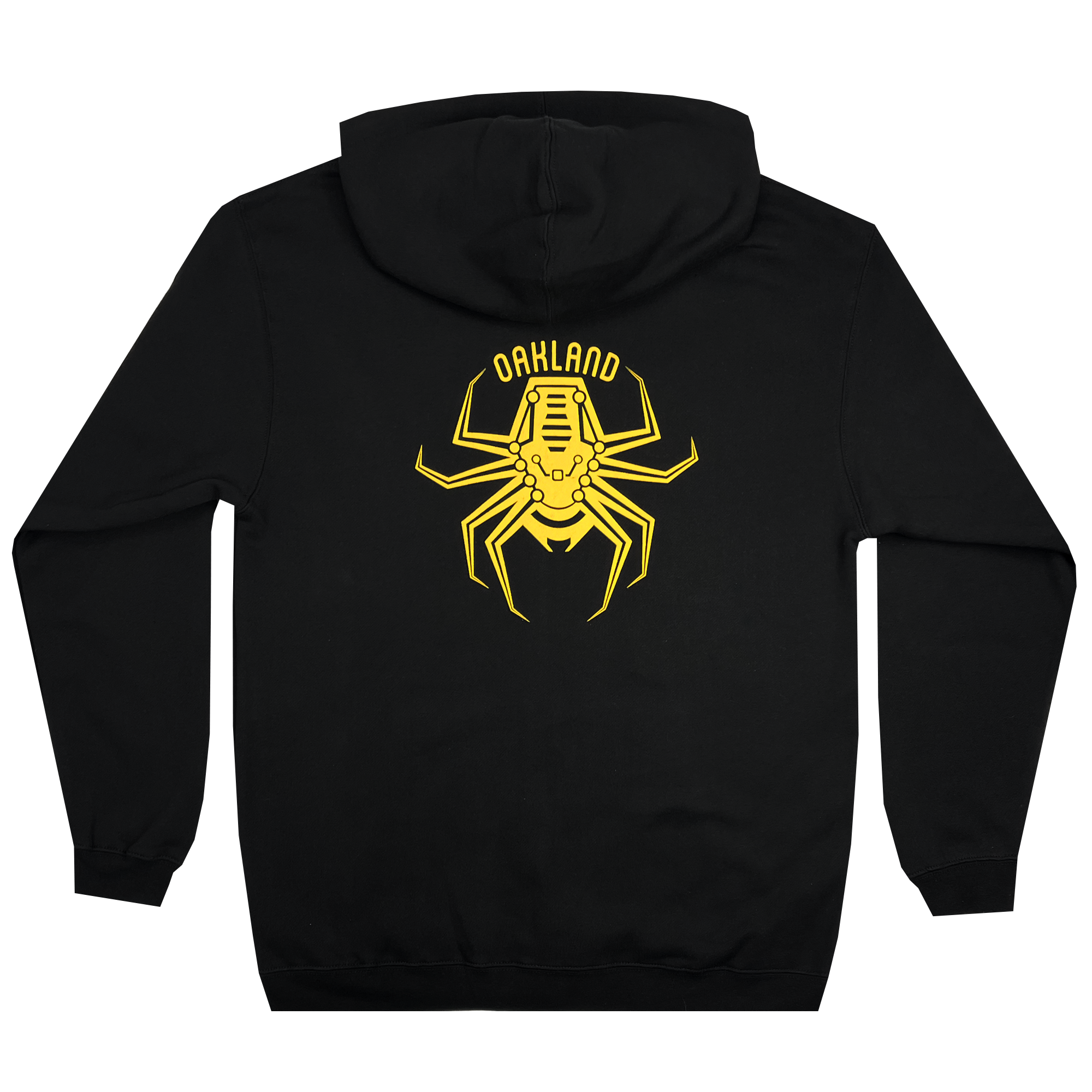The Oakland Spiders Logo Zip by Supported Brands is a black hoodie that features a prominent graphic on the back of a stylized yellow spider with angular lines. Above the spider, "OAKLAND SPIDERS" is printed in yellow and curved to complement its shape, paying homage to the Ultimate Frisbee team. The hoodie includes a front zip closure and a drawstring hood.