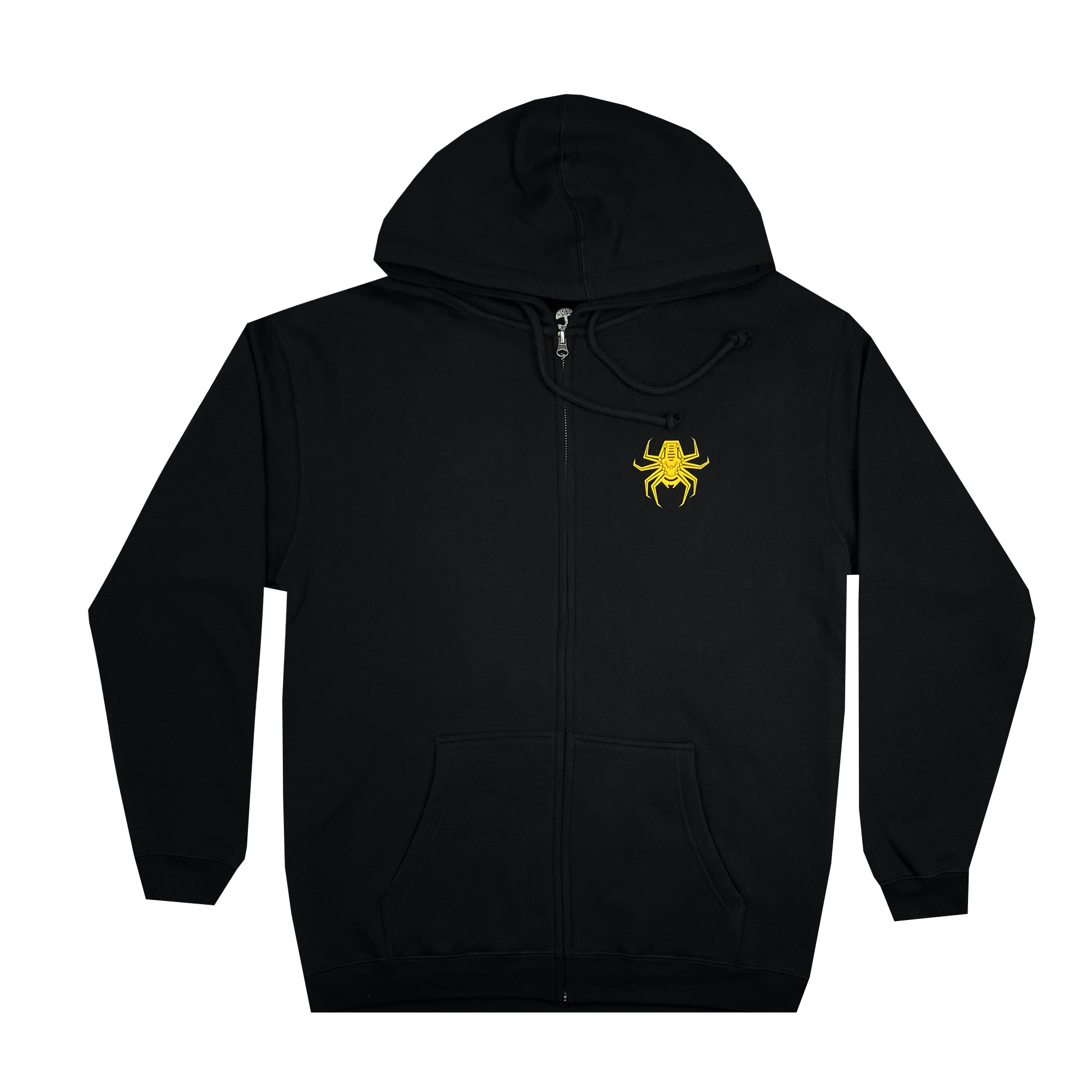 The Oakland Spiders Logo Zip by Supported Brands is a black zip-up hoodie featuring a striking yellow spider emblem on the left chest, ideal for fans of the Oakland Spiders Ultimate Frisbee team. It includes hood drawstrings and a front pocket divided by the zipper, beautifully showcased against a white background.