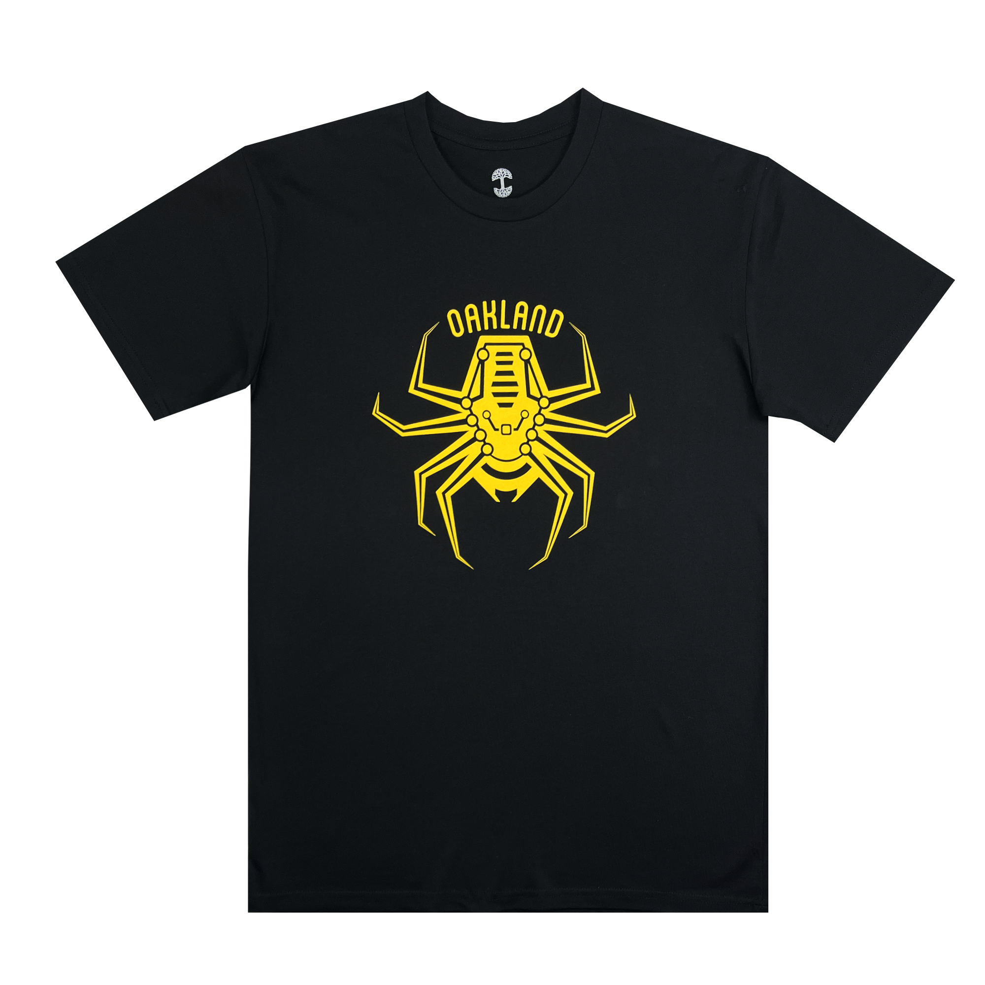 Introducing the Oakland Spiders Logo Tee by Supported Brands: a black T-shirt adorned with a striking yellow spider graphic prominently displayed on the front. The intricate, segmented spider is complemented by the bold yellow text "Oakland Spiders" printed above it, making it an ideal choice for supporting your favorite ultimate frisbee team or enjoying family-friendly events.