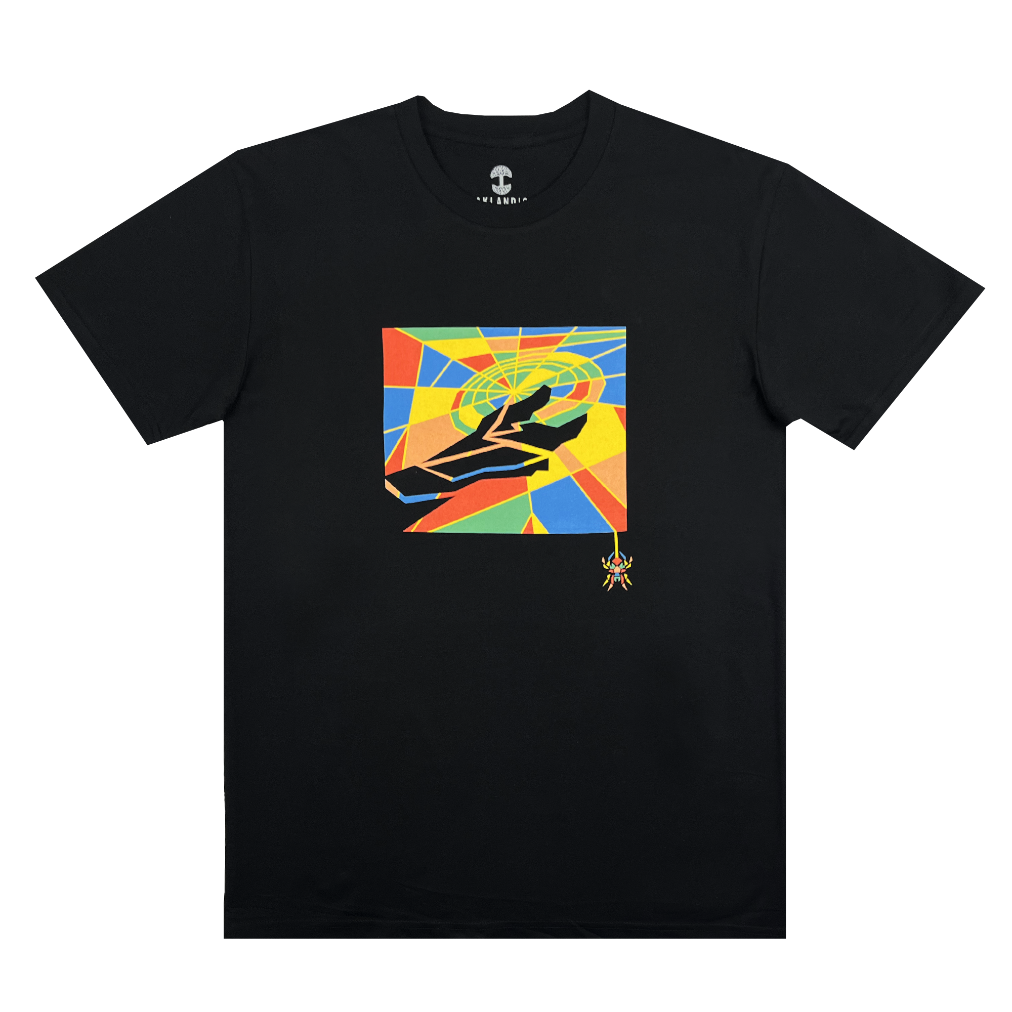 The Oakland Spiders Mosaic Tee by Supported Brands is a black T-shirt, featuring a colorful, abstract design on the chest. The design showcases geometric shapes in red, yellow, green, and blue that create a dynamic background for a stylized image of a person with outstretched arms. A small yellow spider at the bottom right pays homage to the Oakland Spiders Ultimate Frisbee team.