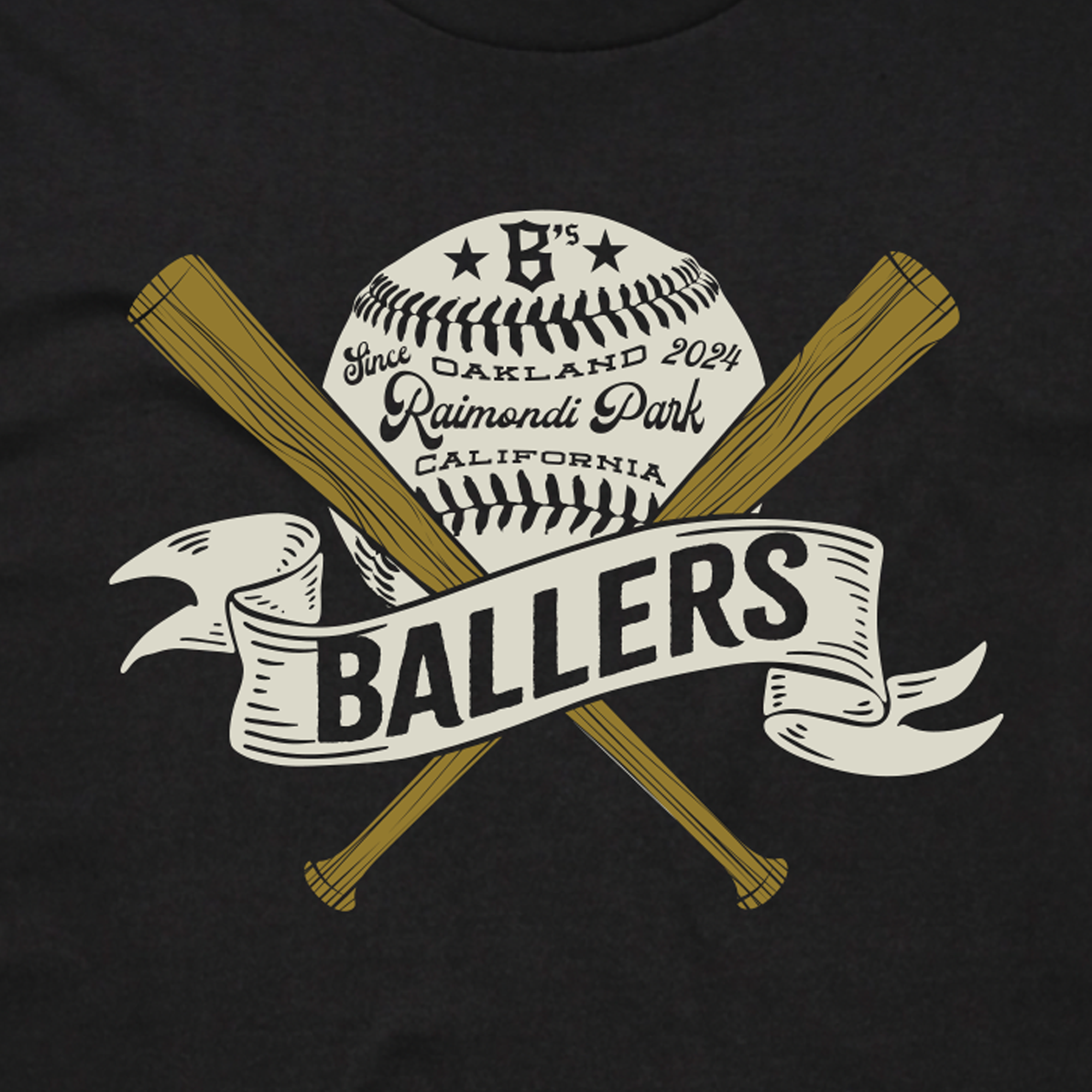 detail shot of Black with crossed wooden bats and a Baseball. Banner in front of bats saying Ballers. Baseball Raimondi Park. Oakland California, Since 2024.