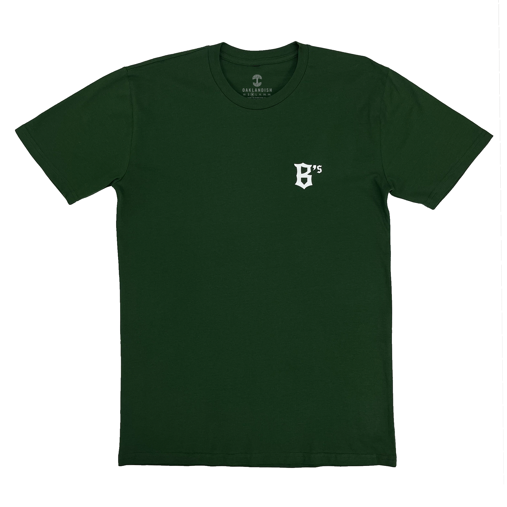 B's logo in white ink on forest tee.