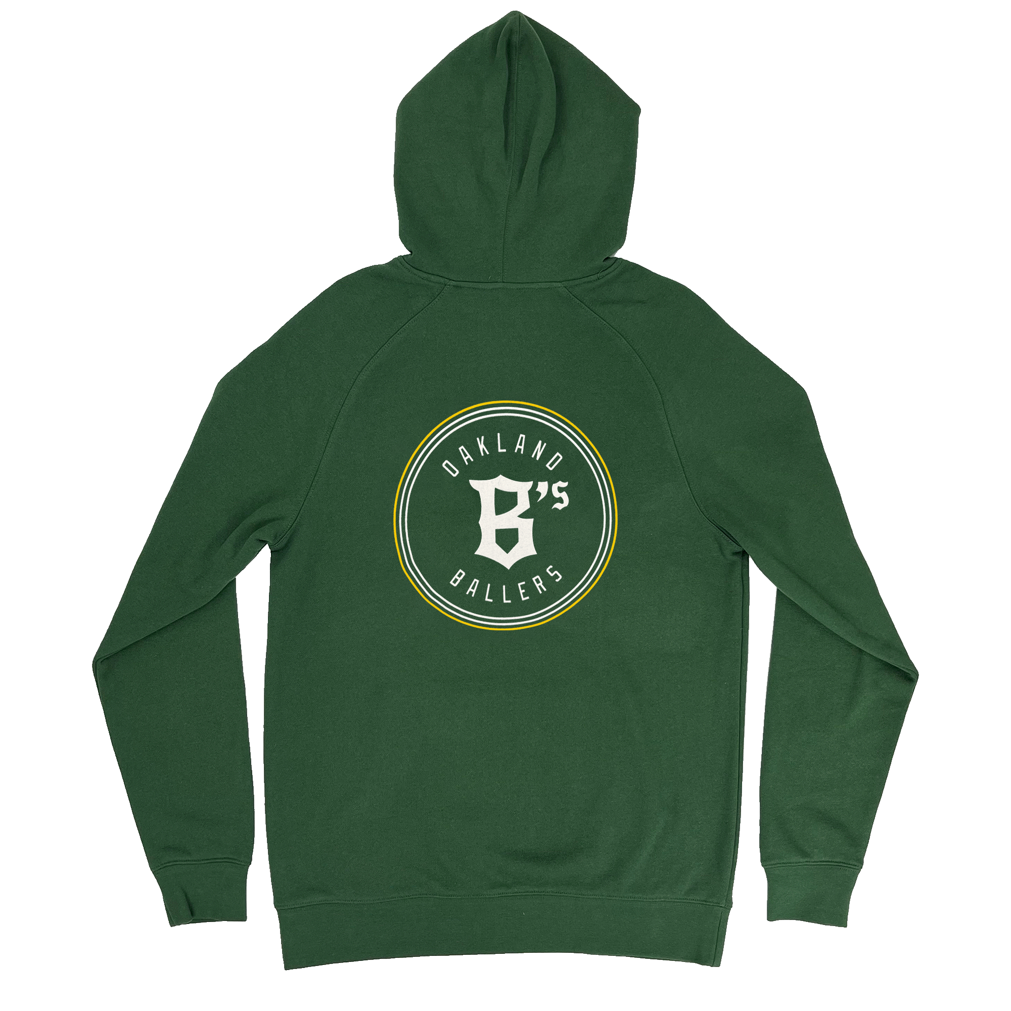 The Oakland Ballers Logo Hoodie is displayed with the back facing forward. It showcases a circular white and yellow logo in the center, featuring the text "OAKLAND B'S BALLERS" encircling a large 'B.' Representing the Oakland Ballers professional baseball team from the Pioneer League, this green hoodie includes a hood and long sleeves.