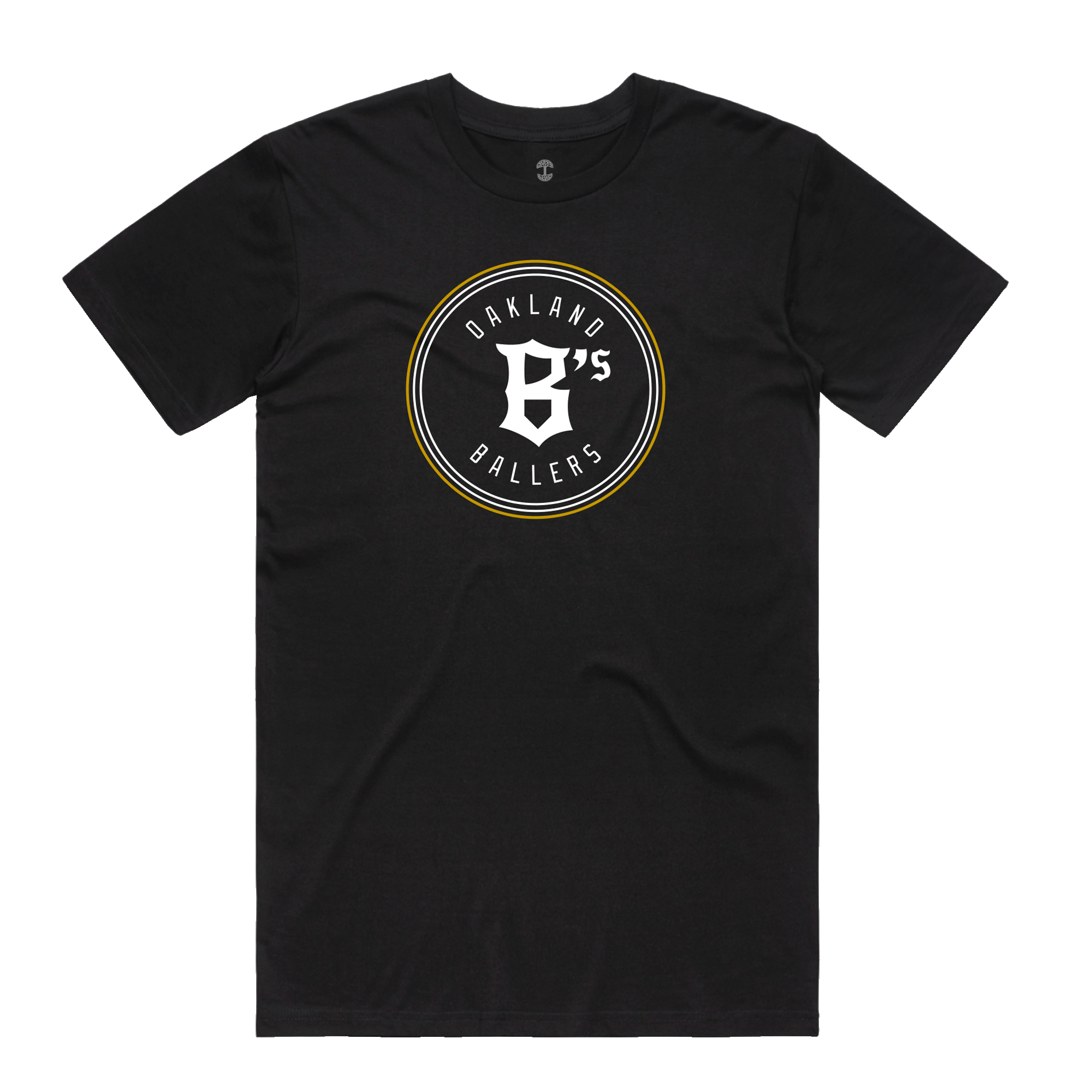 Front view of a black t-shirt with Oakland B's Ballers classic white and gold logo on the chest.